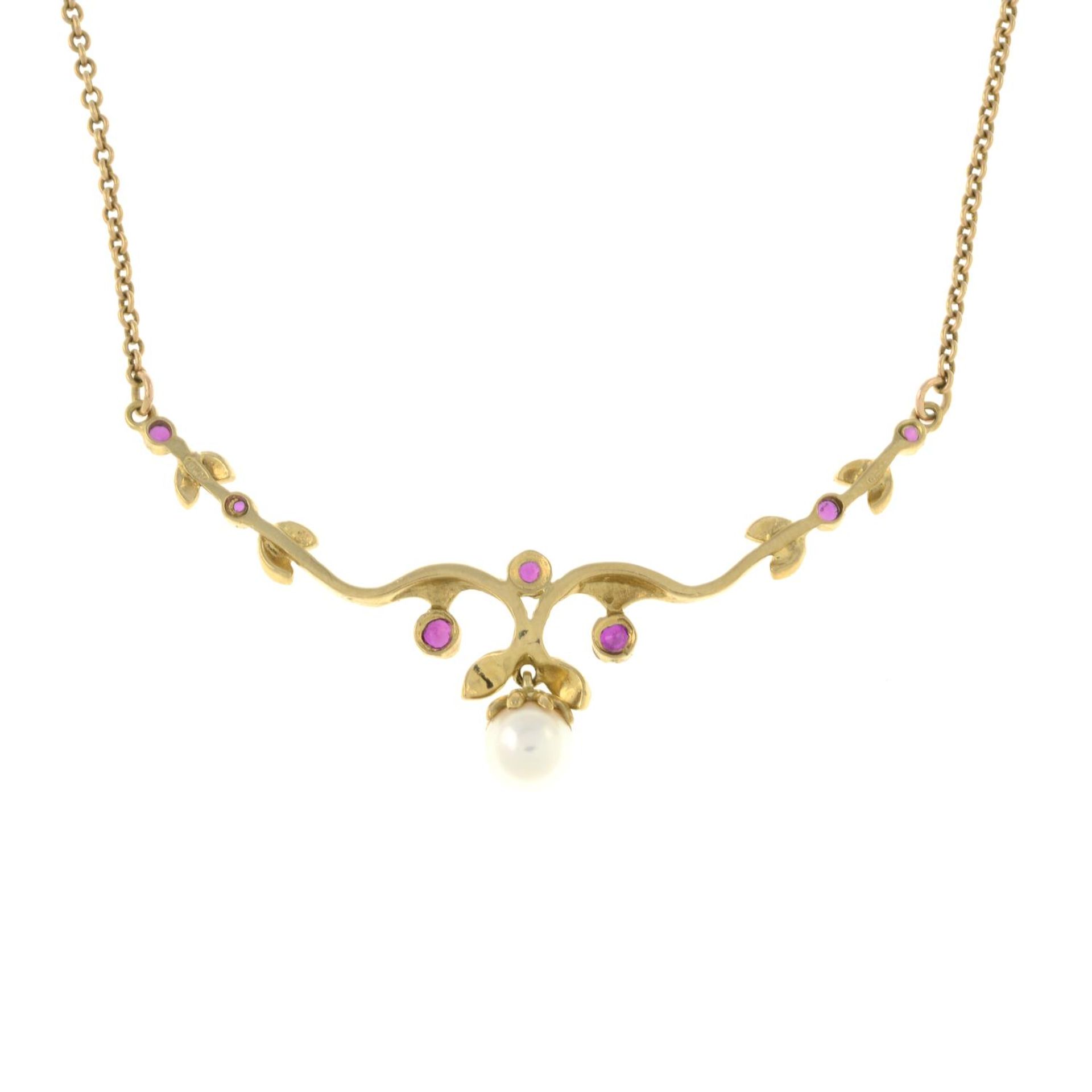 A 9ct gold cultured pearl and ruby necklace. - Image 2 of 2