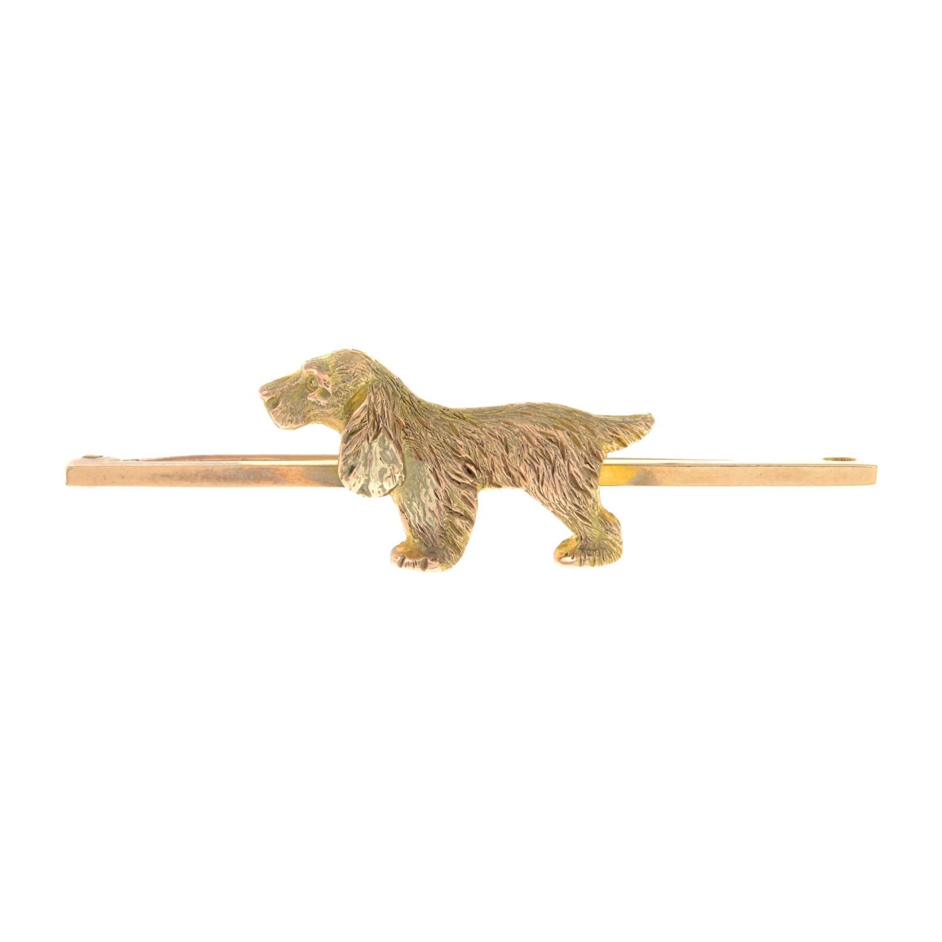 A dog bar brooch, depicting a cocker spaniel.Stamped 9ct.Length 5cms.