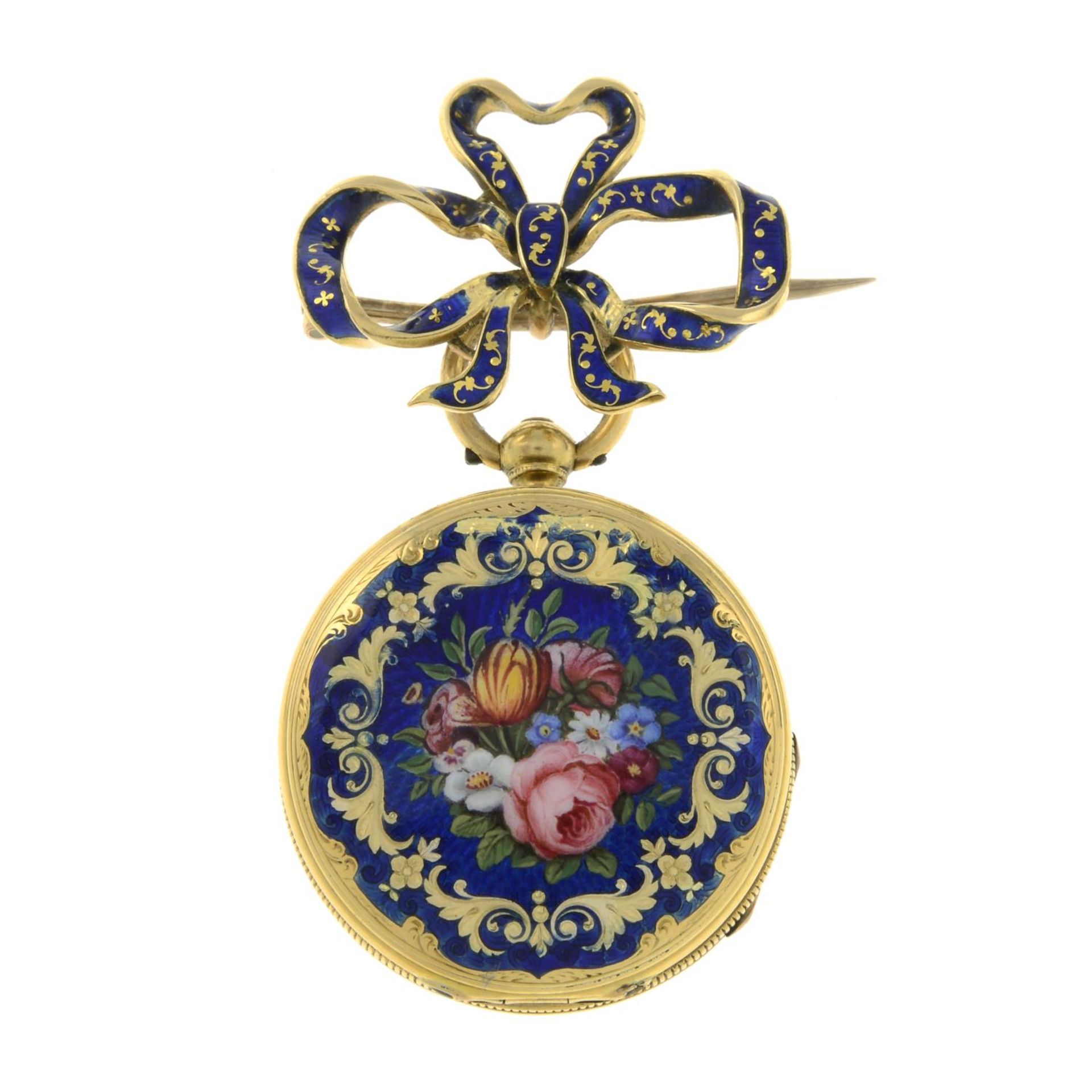 An early 20th century gold and enamel ribbon brooch, suspending a fob watch.Stamped 18K.