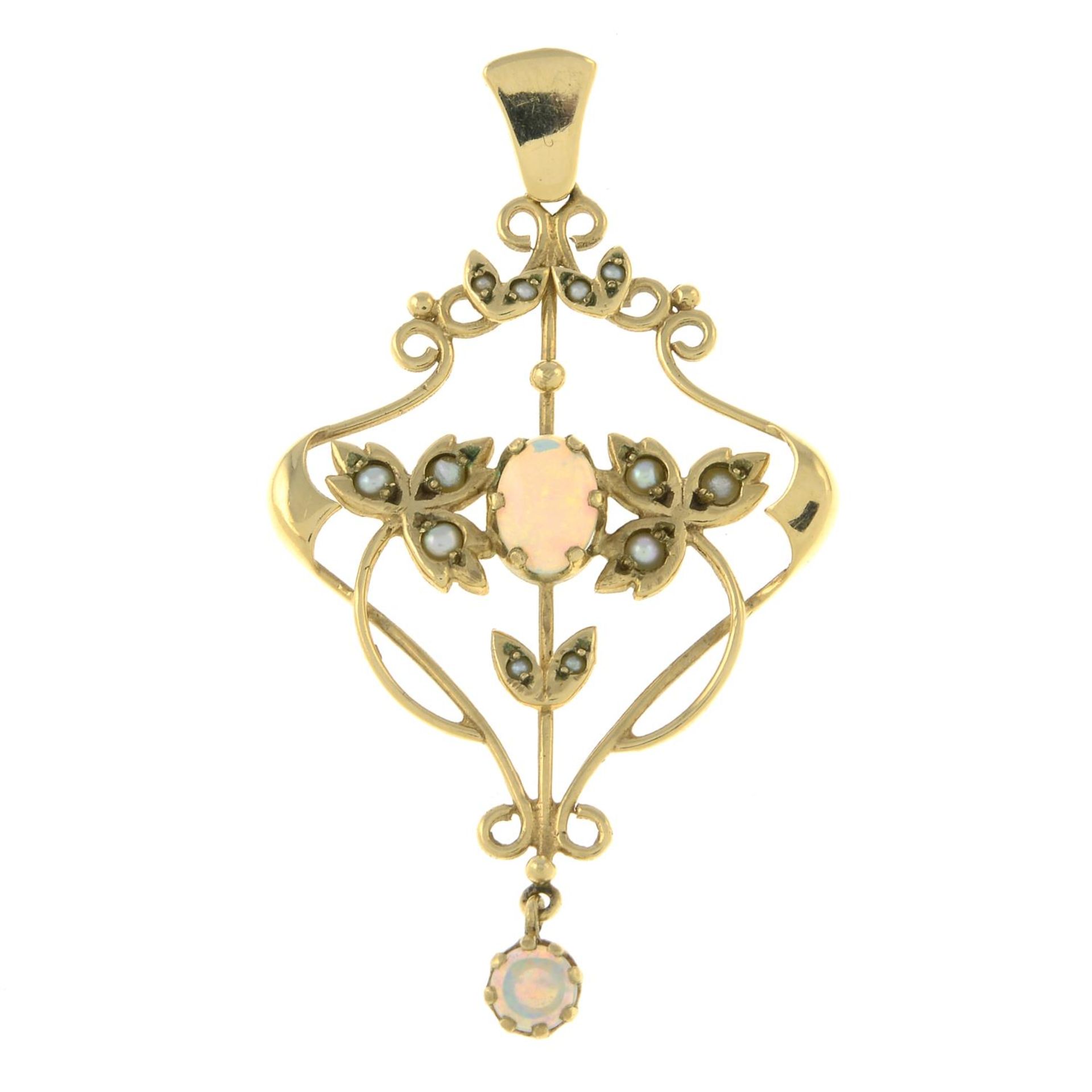 A 9ct gold opal and split pearl pendant.Hallmarks for Birmingham, 1990.Length 5cms.