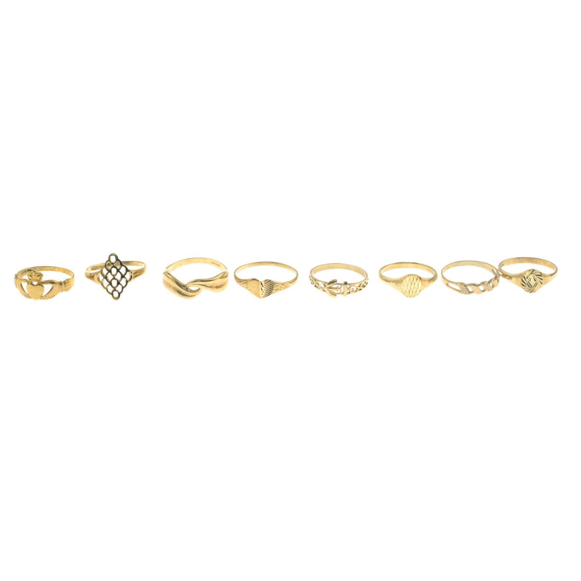 Seven 9ct gold rings,