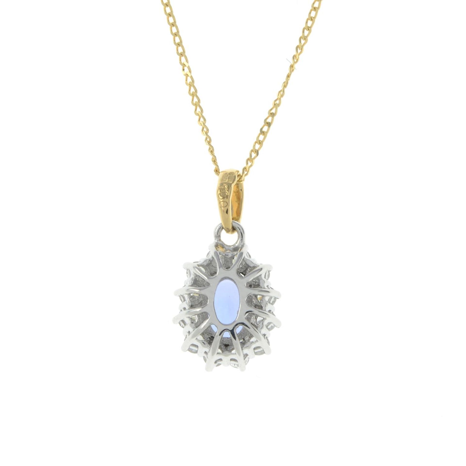 An 18ct gold tanzanite and diamond pendant, with chain.Tanzanite weight 0.36ct. - Image 2 of 2