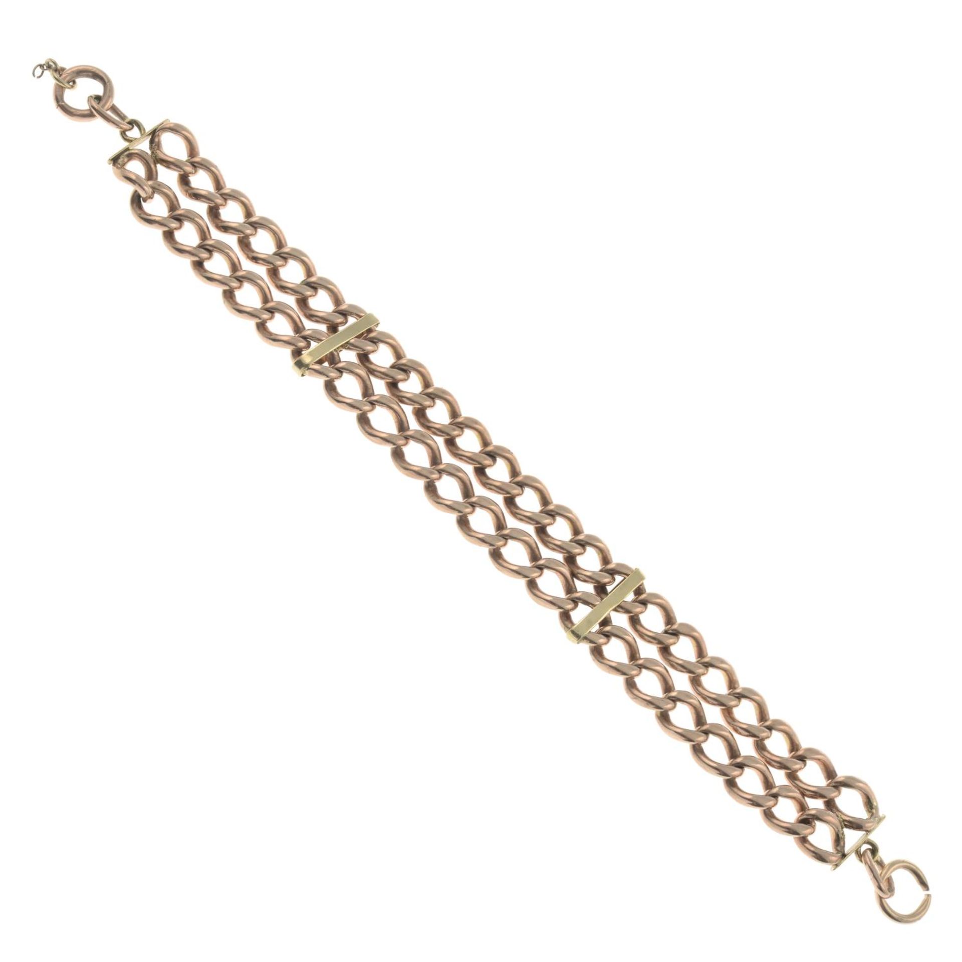 An early 20th century double-row curb-link chain bracelet.Clasp deficient.Stamped 375, - Image 2 of 3