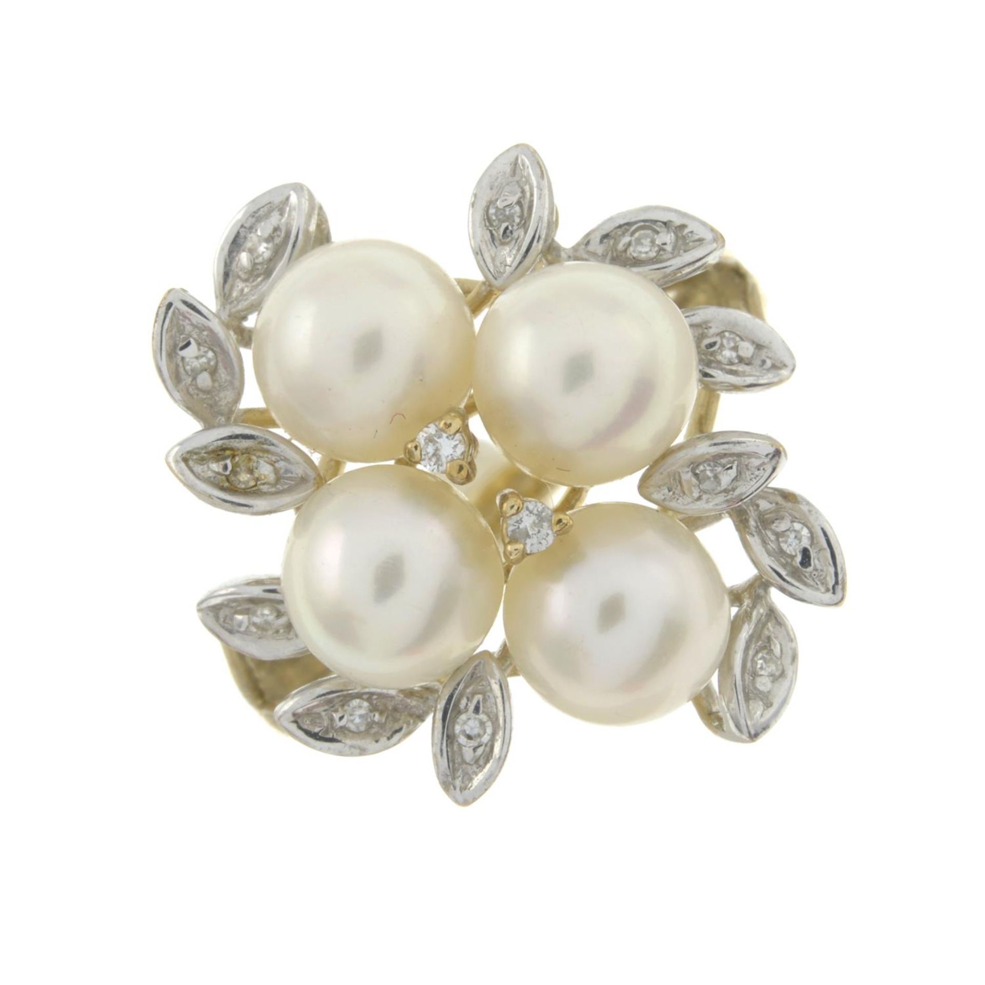 A 9ct gold cultured pearl and diamond floral dress ring.Hallmarks for 9ct gold.