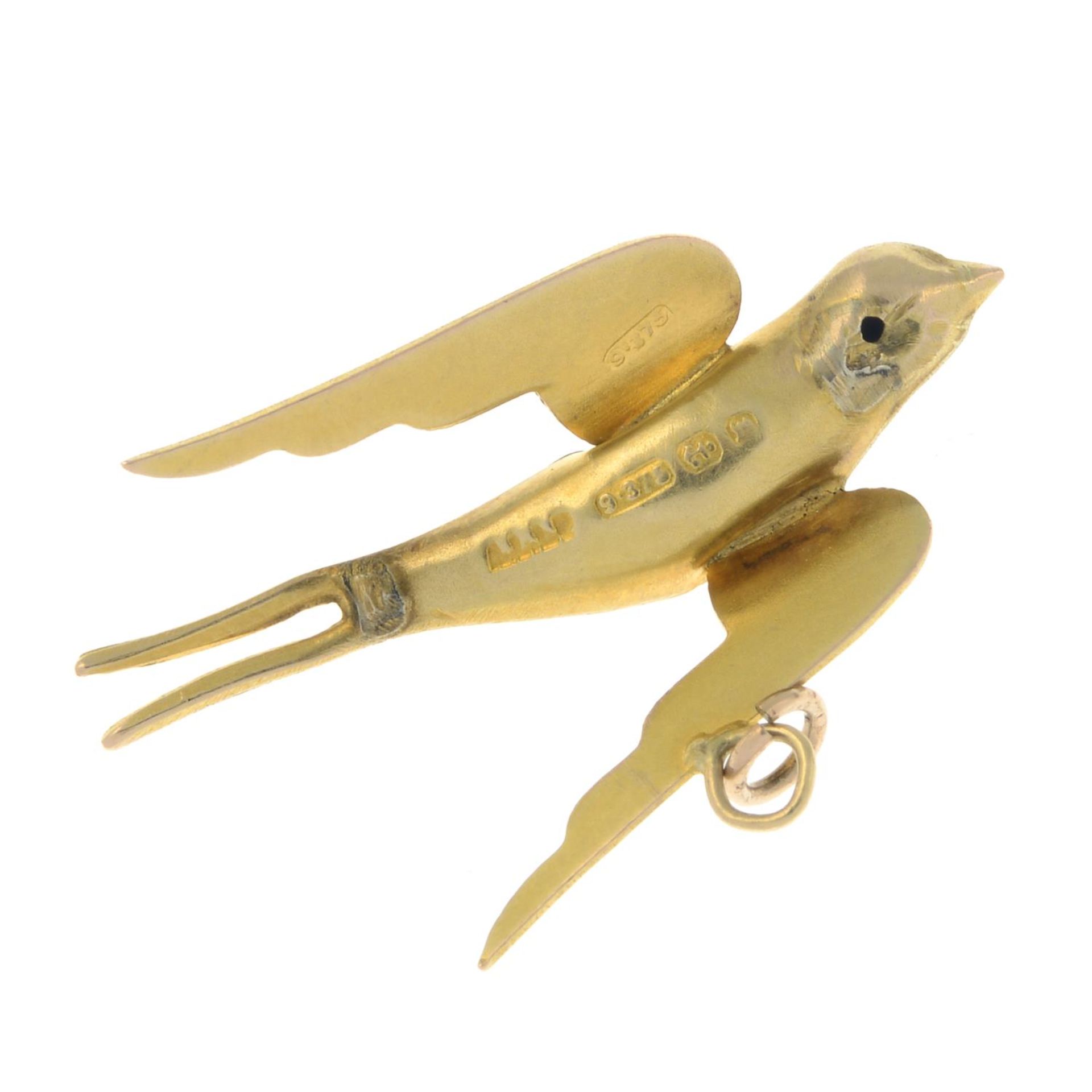 A late Victorian 9ct gold swallow pendant.Hallmarks for Birmingham, 1896.Length 3.2cms. - Image 2 of 2