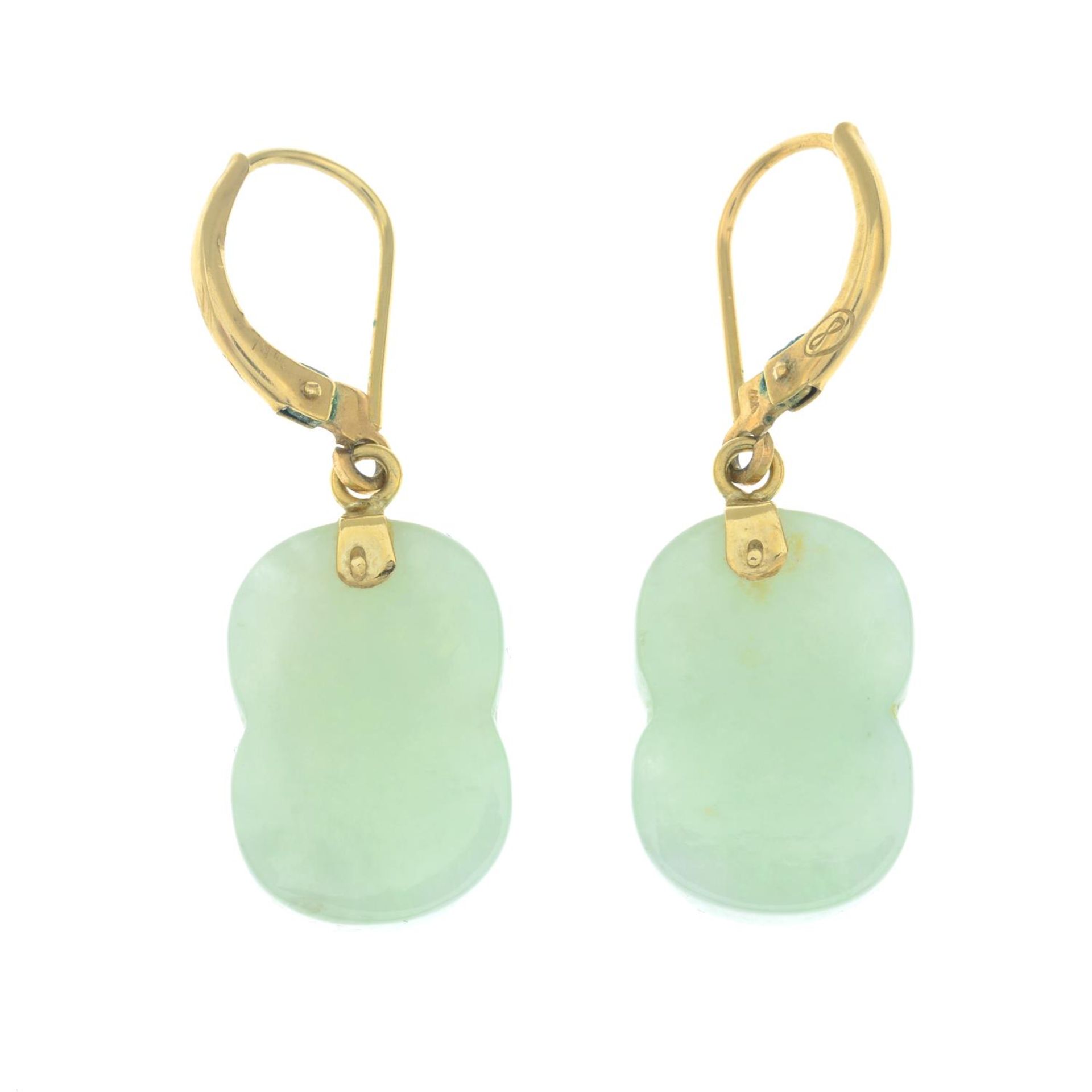 A pair of jade earrings.Stamped 14k.Length 3.2cms. - Image 2 of 2