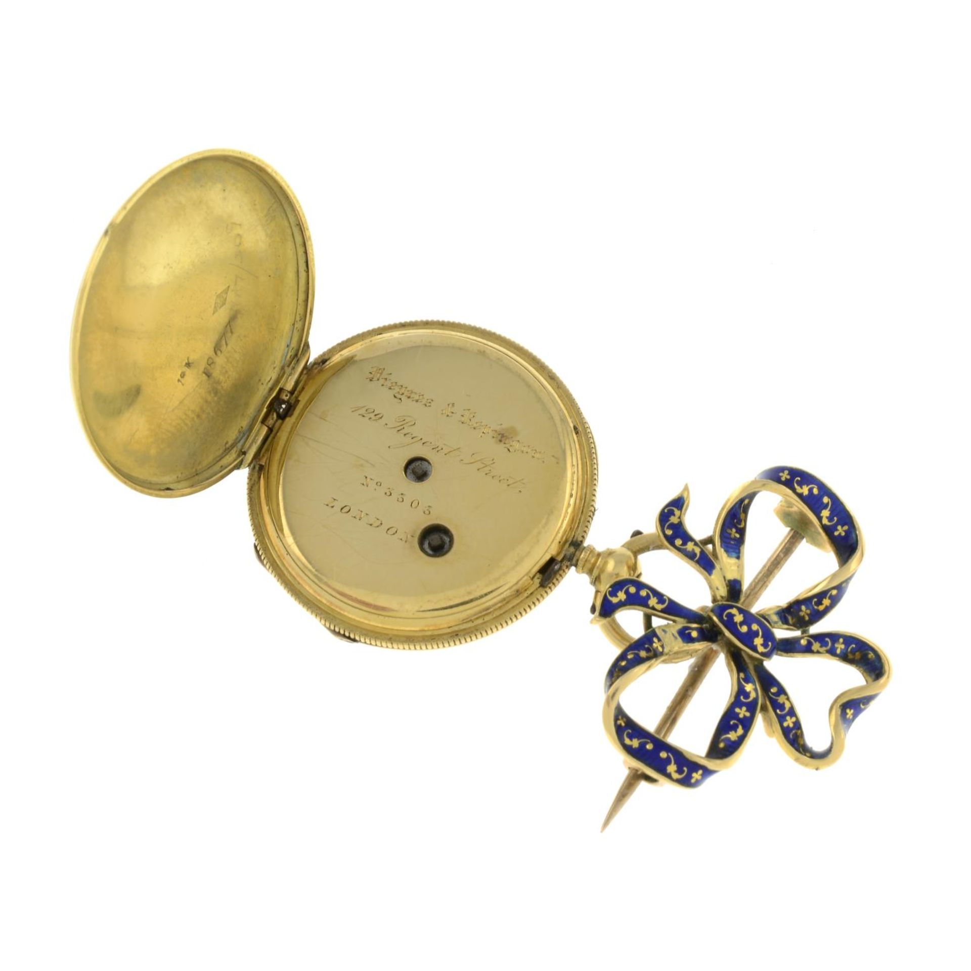 An early 20th century gold and enamel ribbon brooch, suspending a fob watch.Stamped 18K. - Image 3 of 3