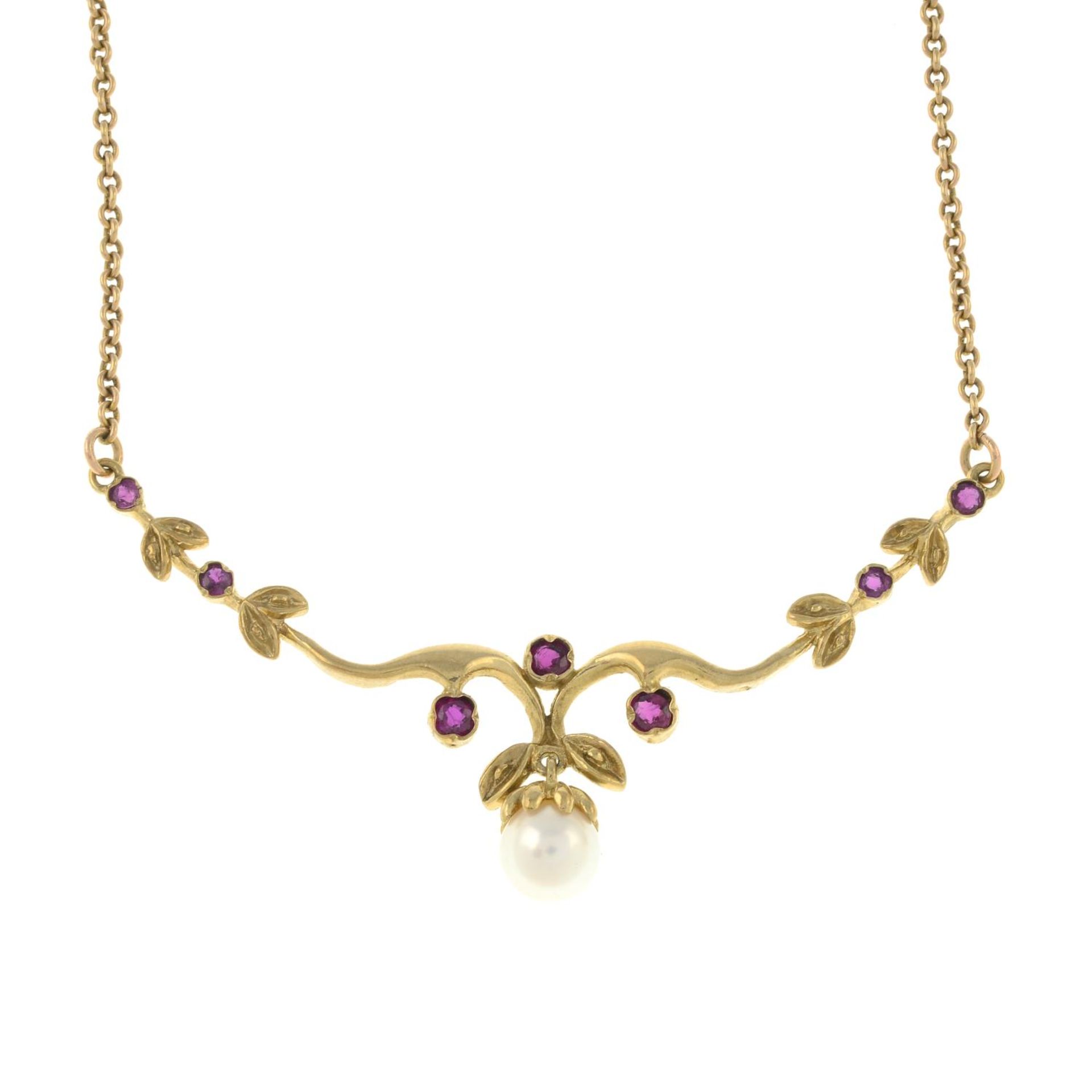 A 9ct gold cultured pearl and ruby necklace.