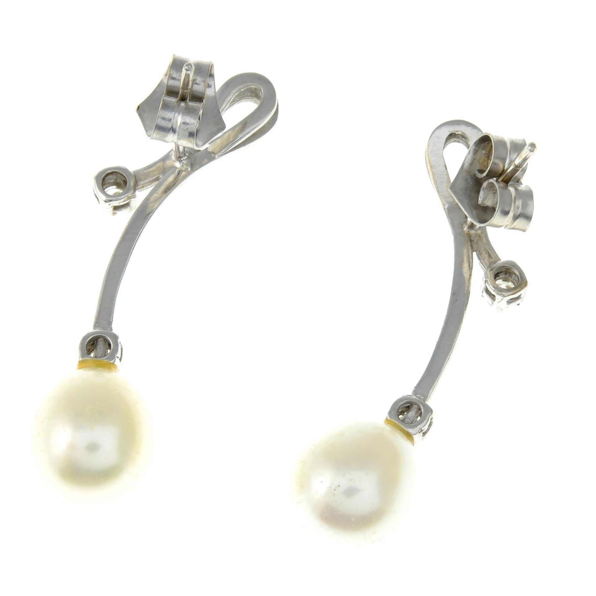 A pair of cultured pearl and diamond earrings, - Image 2 of 2