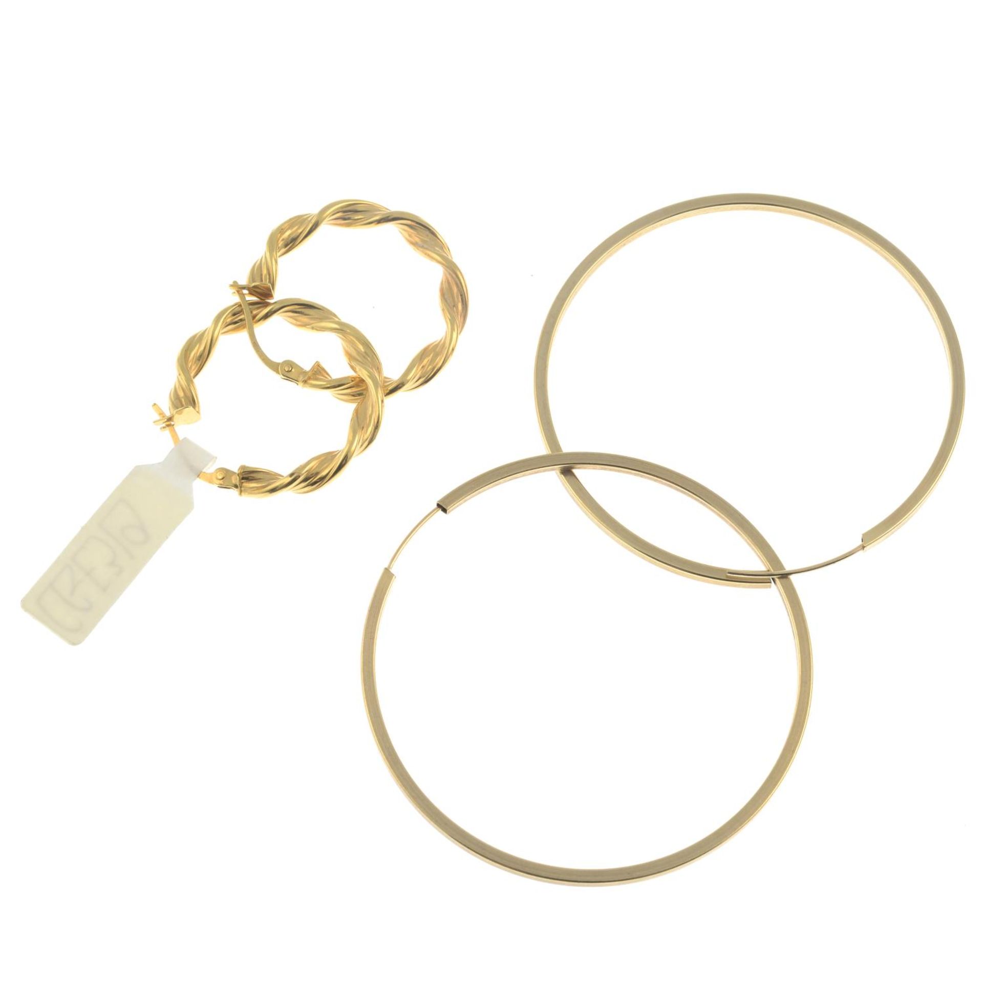 Two pairs of 9ct gold hoop earrings, hallmarks for 9ct gold, lengths 3.5 and 5.1cms, 9gms. - Image 2 of 2