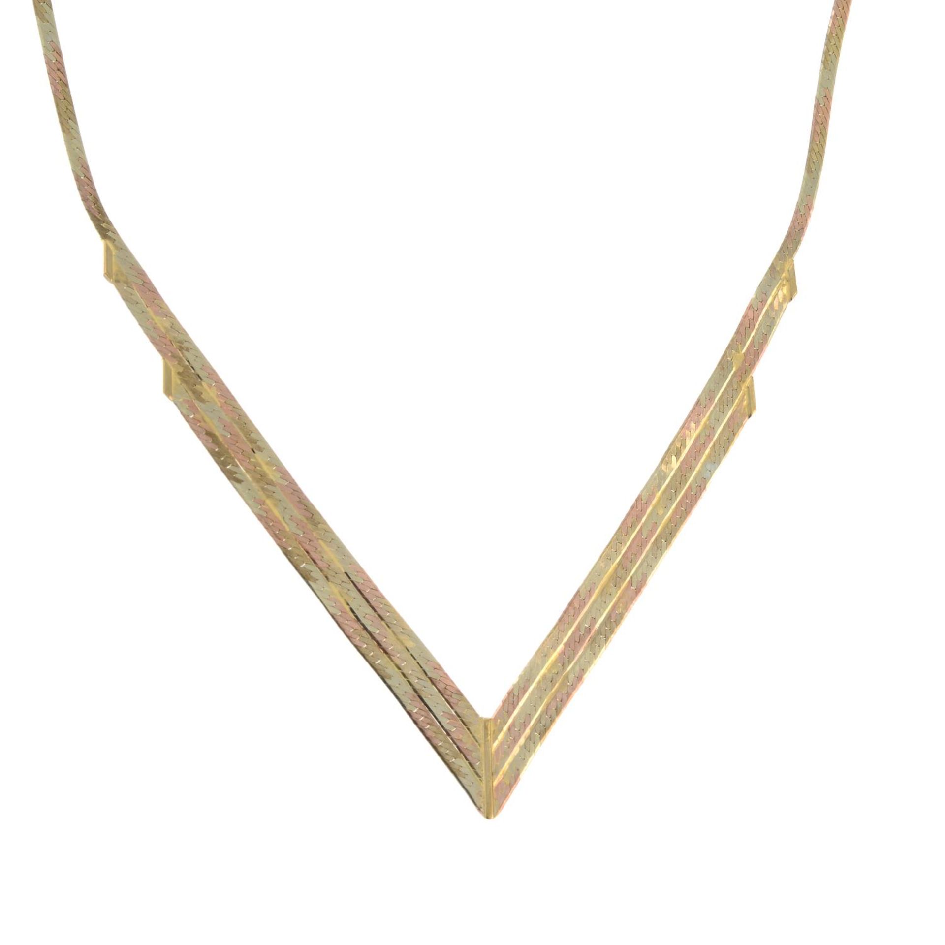 A 9ct gold tri-coloured necklace.Hallmarks for Birmingham.Length 44cms. - Image 2 of 3