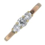 A 9ct gold brilliant-cut diamond three-stone ring.Estimated total diamond weight 0.29cts.Hallmarks