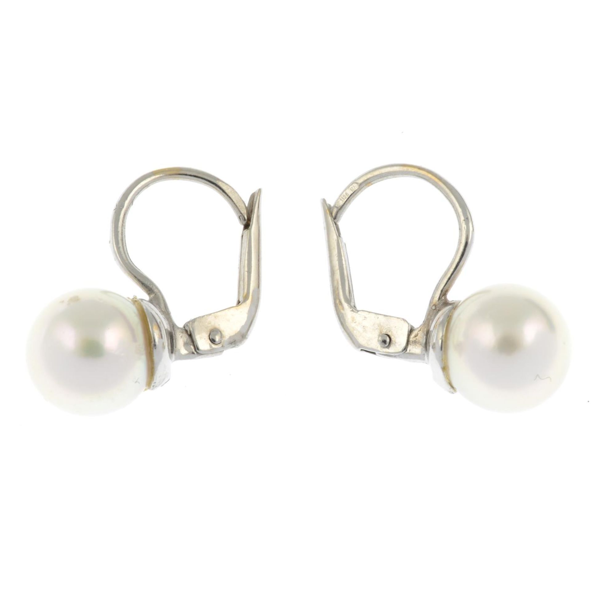 A pair of 18ct gold cultured pearl drop earrings.Hallmarks for Italy.Length 1.7cms. - Image 2 of 2