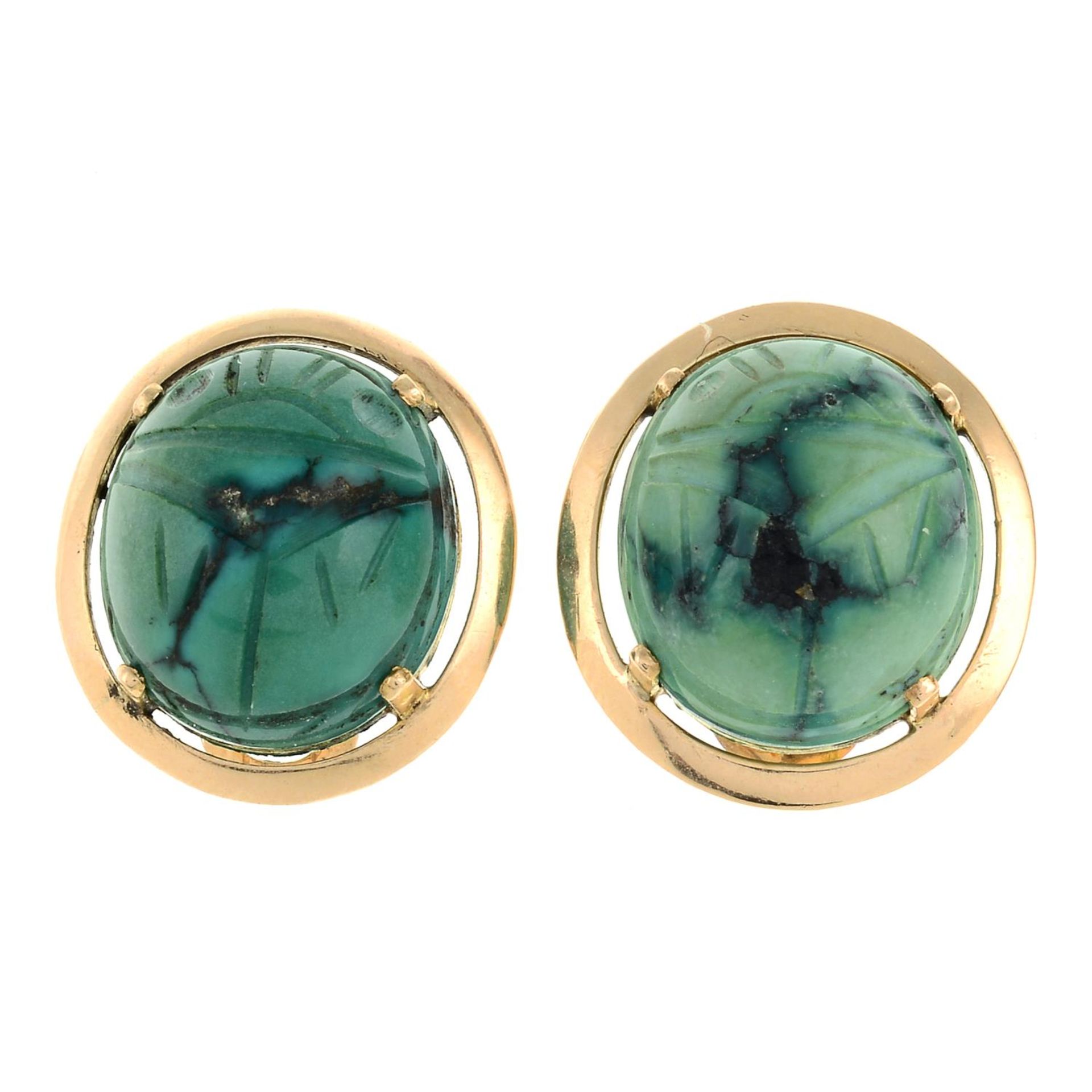 A pair of dyed howlite scarab clip earrings.Foreign marks.Length 2cms.