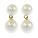 A pair of 18ct gold cultured pearl stud earrings with a suspended cultured pearl.Hallmarks for