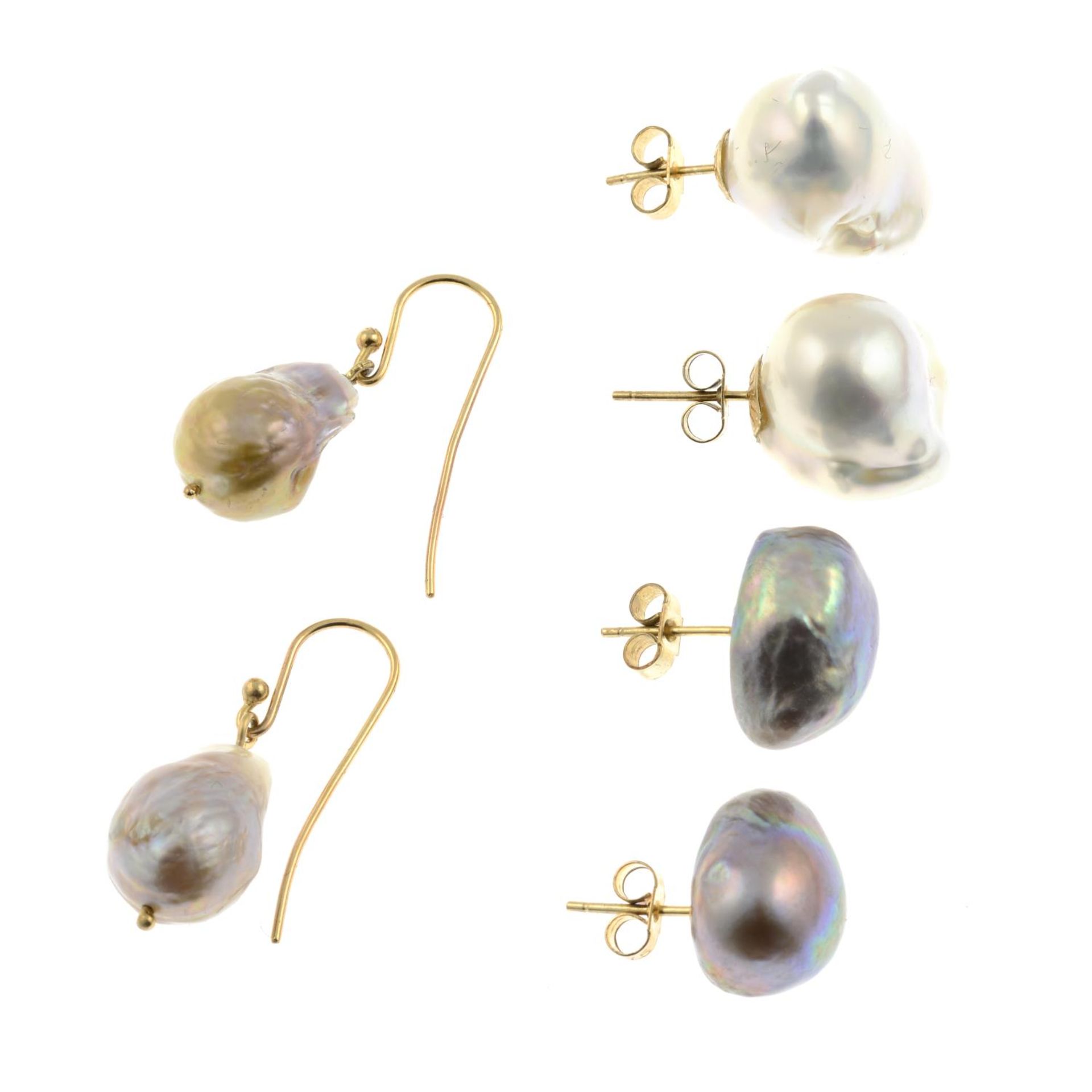 Three pairs of cultured baroque pearl earrings.Two stamped 9ct.Lengths 1.5, 1.6 and 2.8cms. - Image 2 of 2