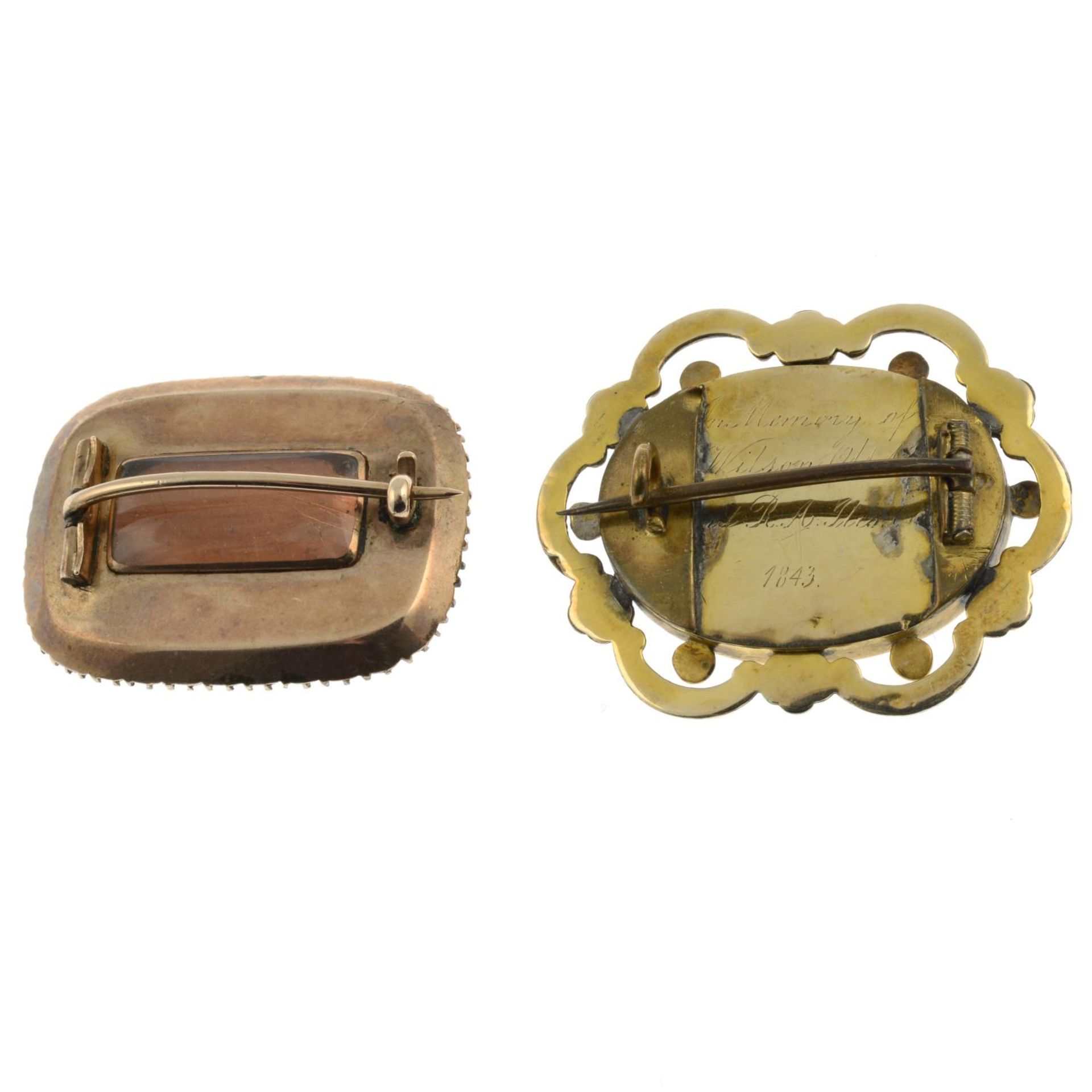 Two Victorian brooches, one set with red paste and split pearls.Lengths 2.6 and 3.2cms. - Image 2 of 2