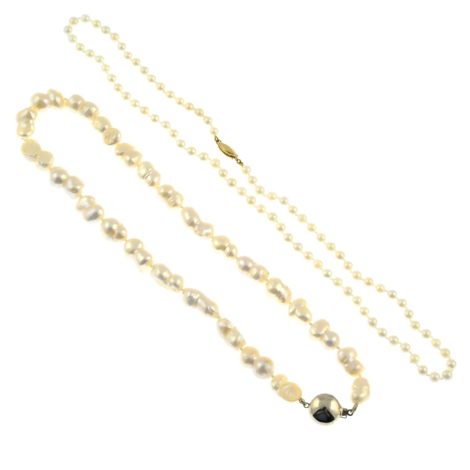 Three cultured pearl necklaces and pink opal bead necklace.One clasp stamped 14k. - Image 3 of 3