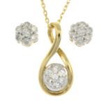 A diamond pendant and chain with a pair of matching cluster stud earrings.Estimated total diamond