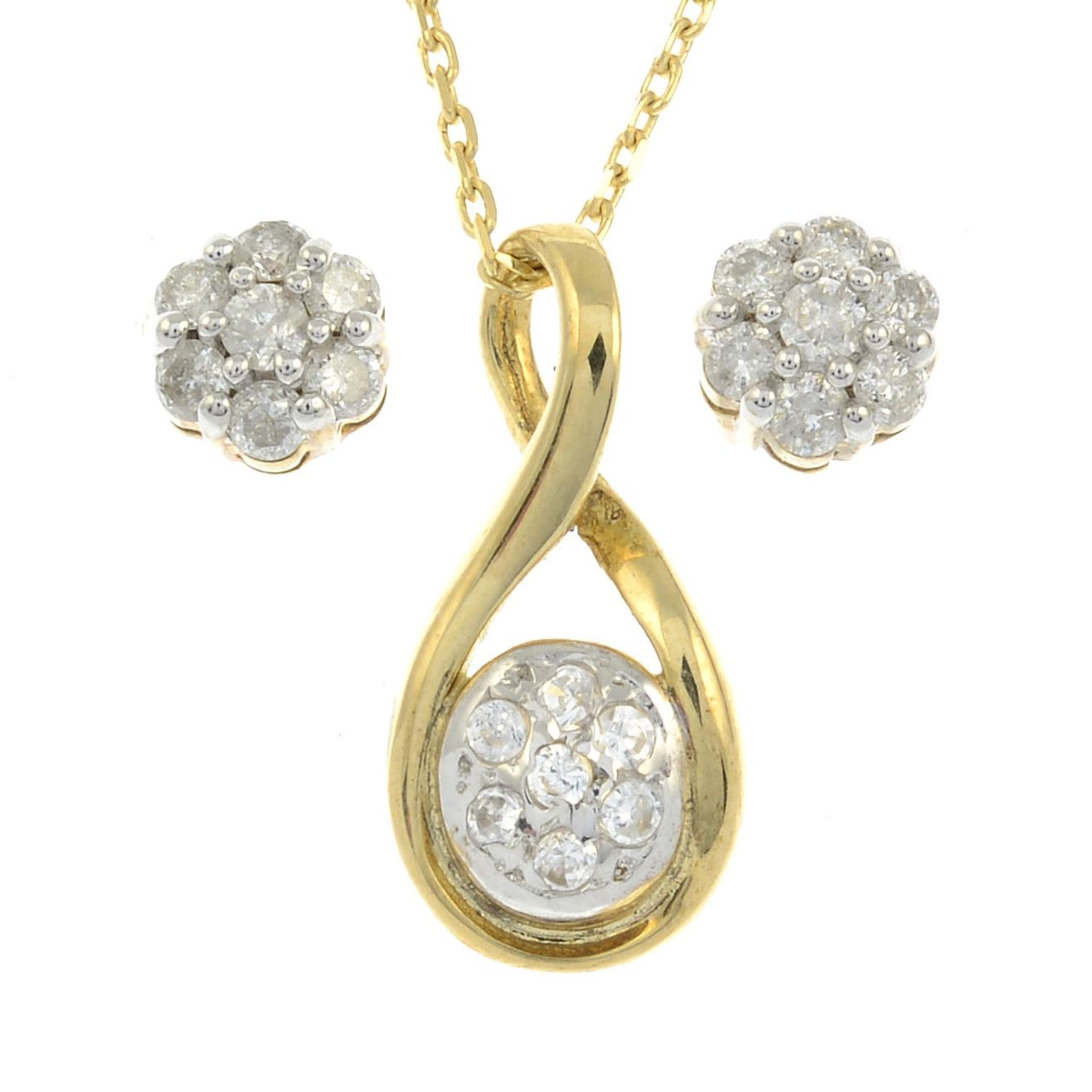 A diamond pendant and chain with a pair of matching cluster stud earrings.Estimated total diamond