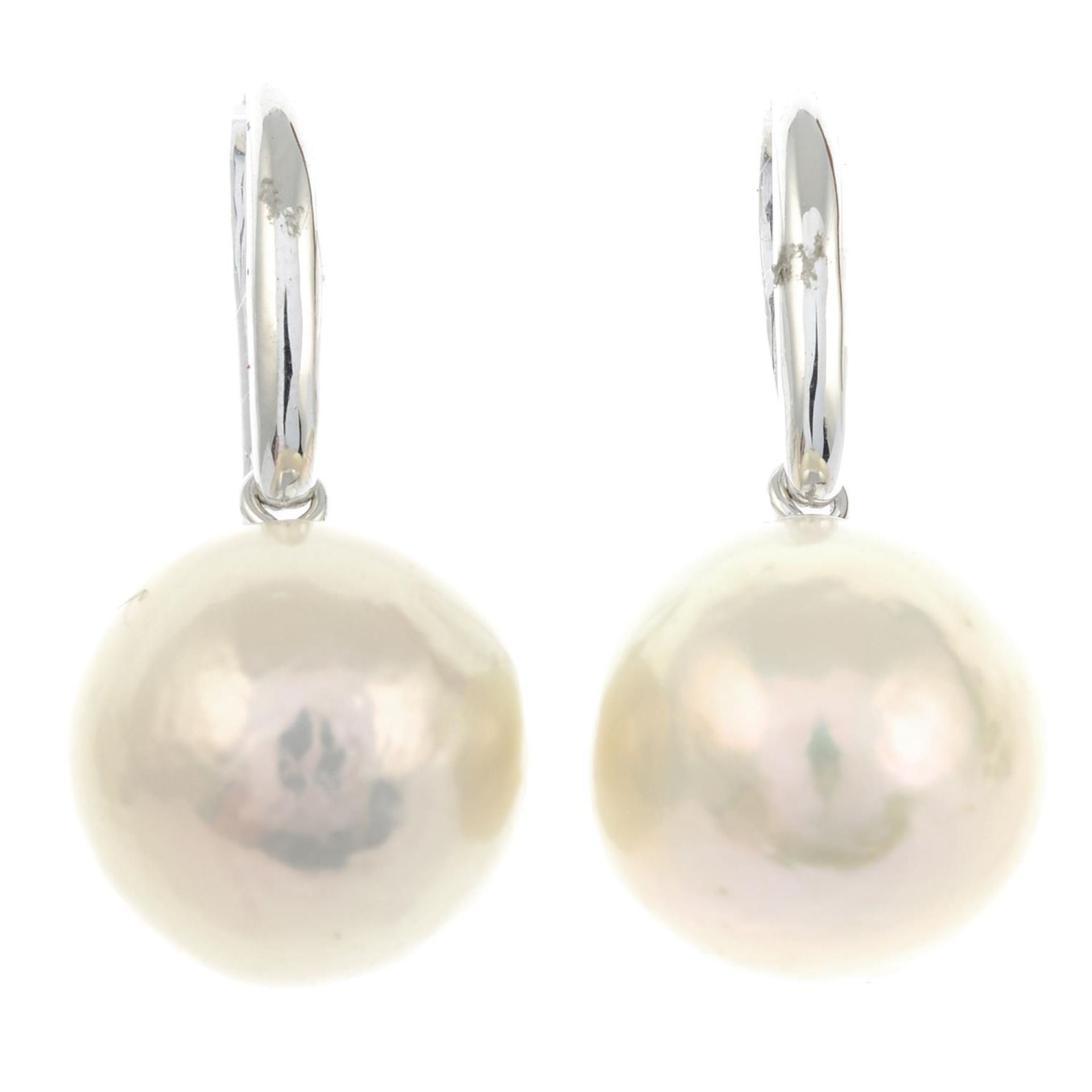 A pair of cultured pearl drop earrings.Stamped 375.Length 2.5cms.