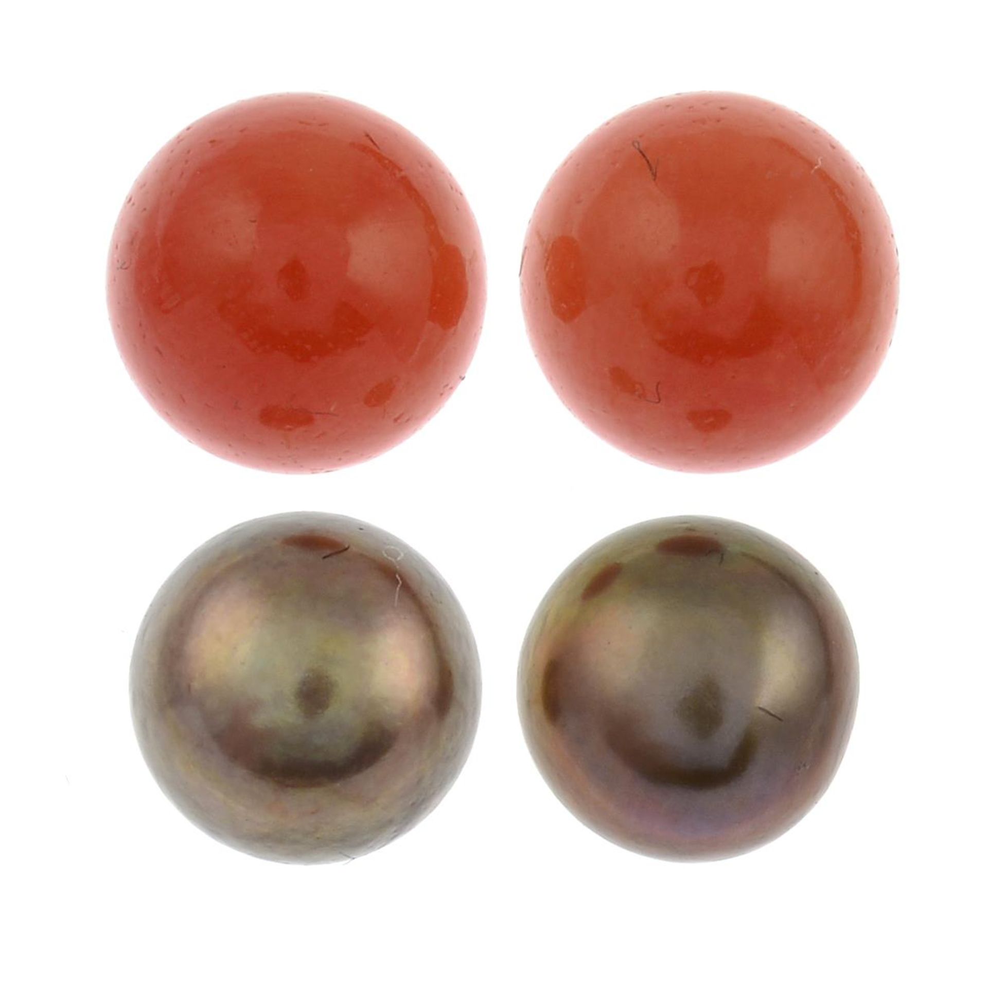 A pair of coral stud earrings and two pairs of brown cultured pearl stud earrings.Stamped