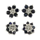 Two pairs of sapphire and diamond stud earrings and a single ruby and diamond earring.One with