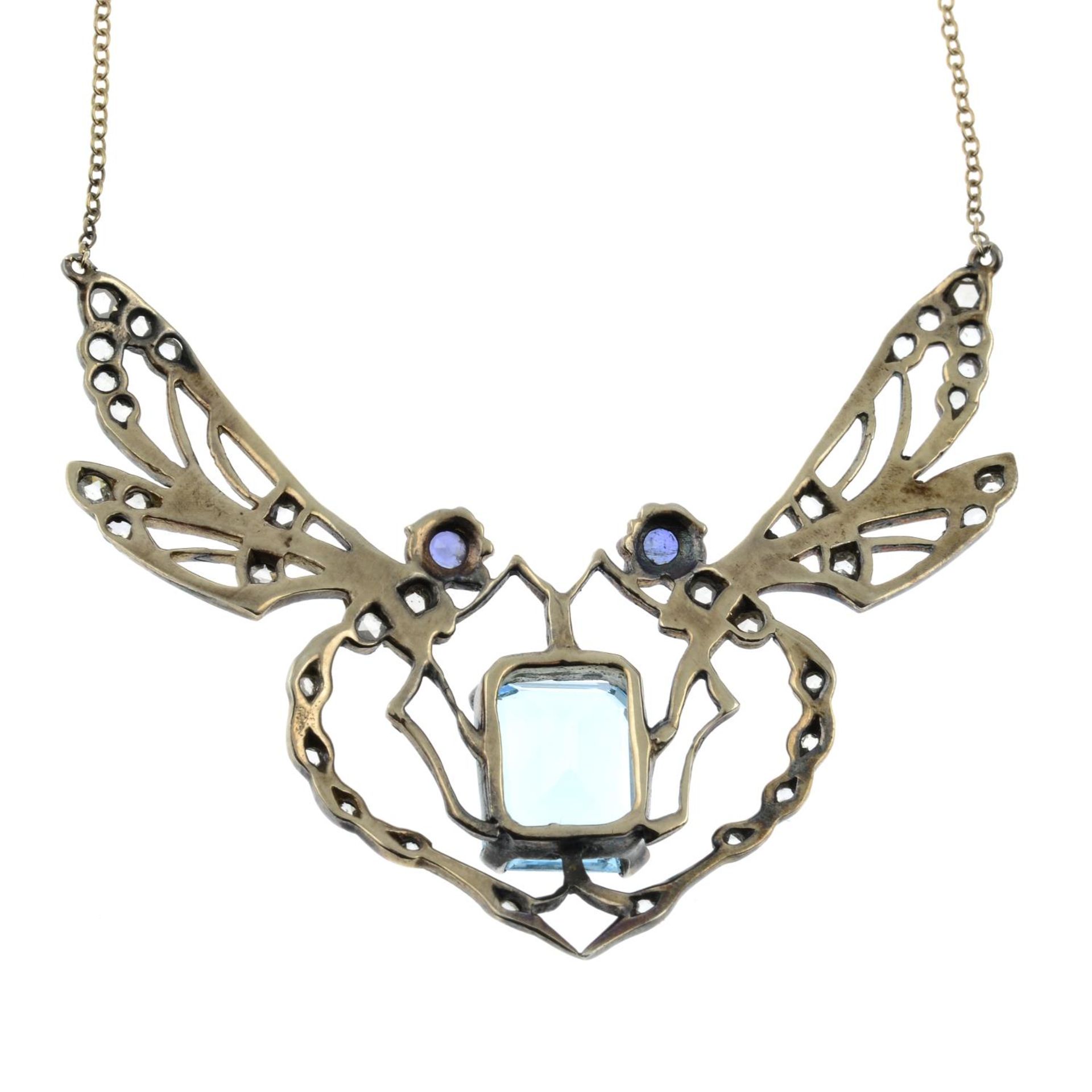 A topaz, rose-cut diamond and sapphire necklace of two dragonflies, - Image 2 of 3