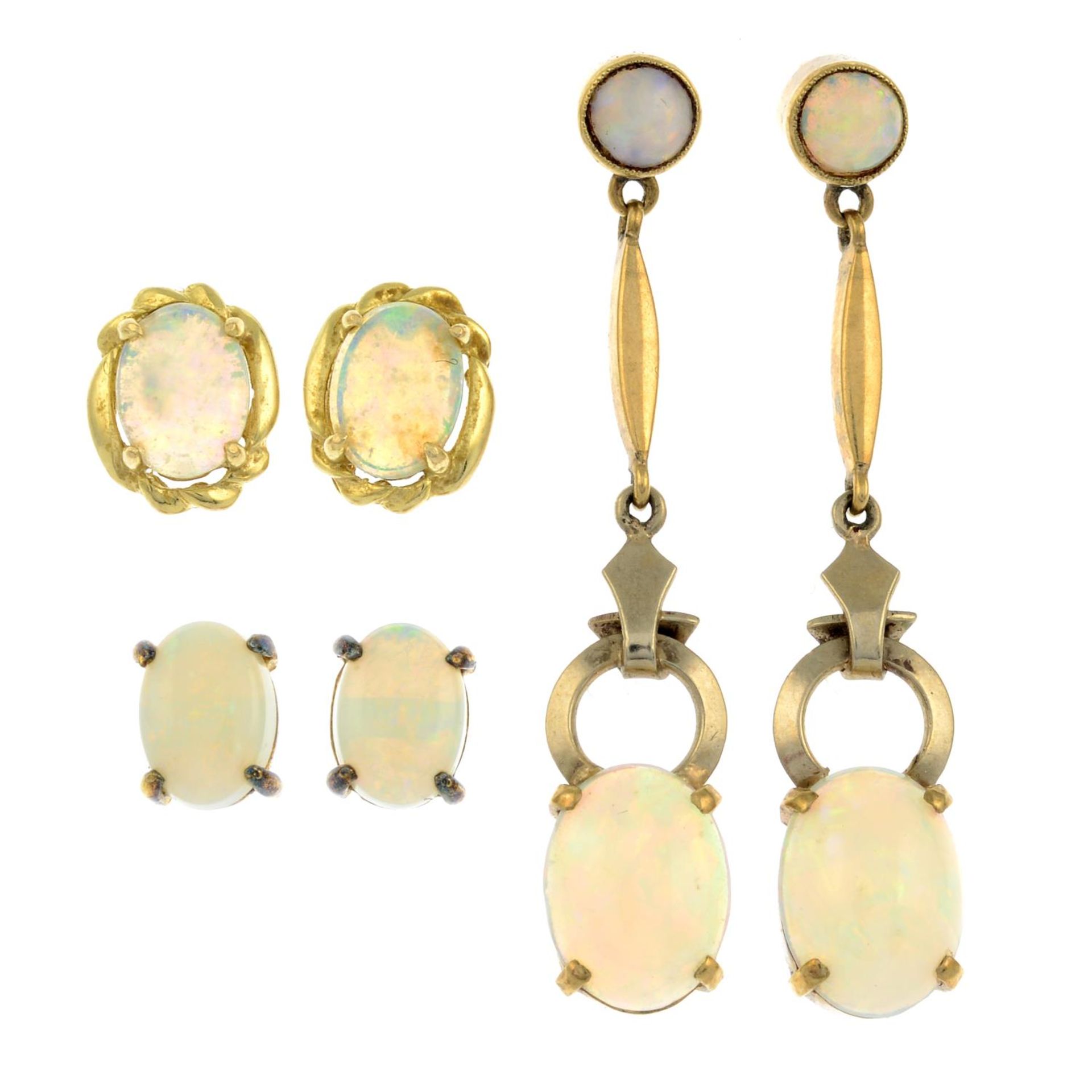 Two pairs of opal earrings and a pair of synthetic opal stud earrings.One stamped 9ct.Lengths 0.7,