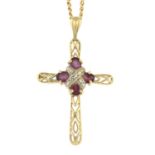 A 9ct gold garnet and diamond cross pendant,