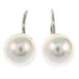 A pair of 18ct gold cultured pearl drop earrings.Hallmarks for Italy.Length 1.7cms.