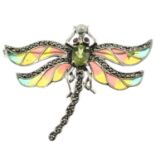 A peridot, ruby and split pearl plique-a-jour pendant of a dragonfly.May also be worn as a brooch.