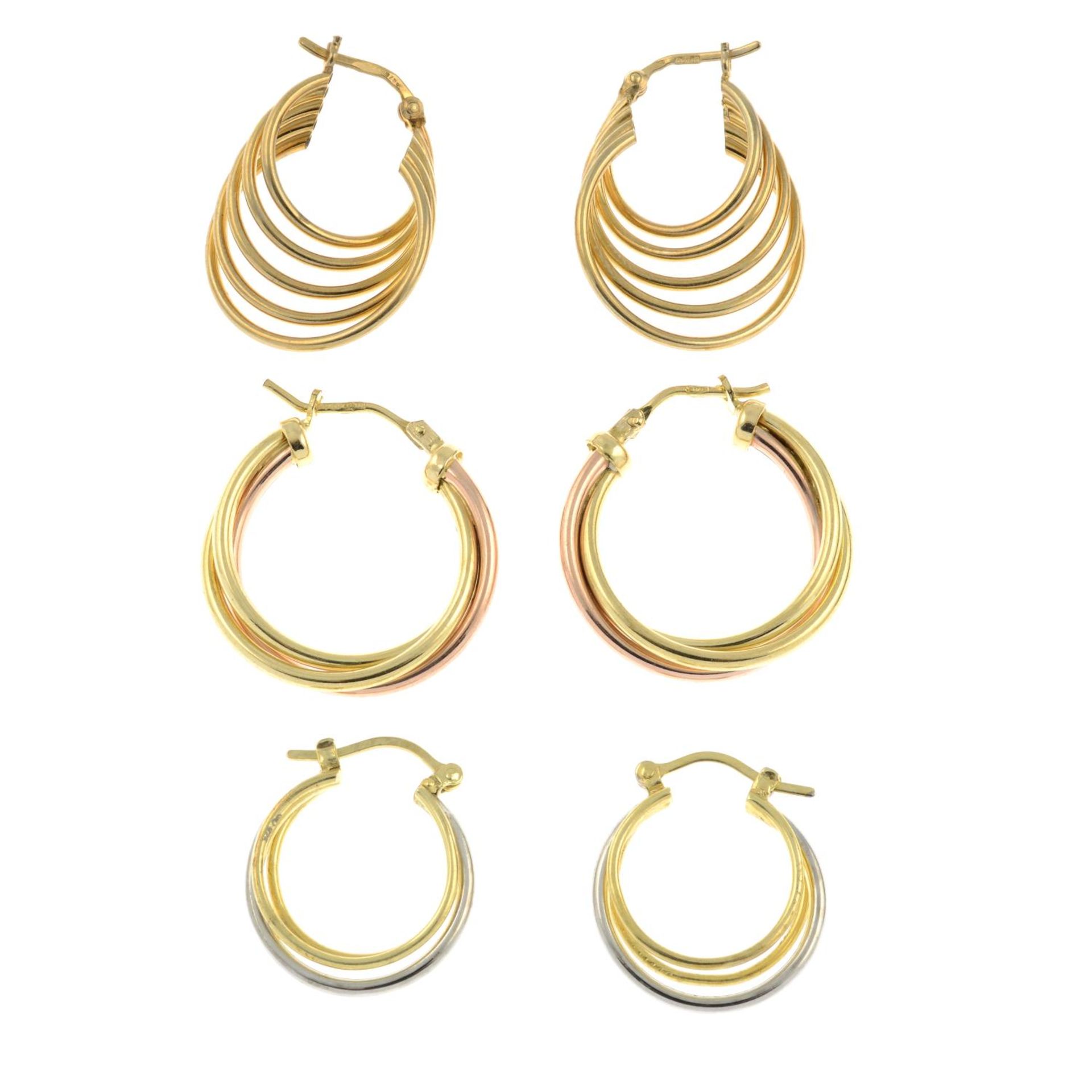 Two pairs of 9ct gold hoop earrings together with a further pair.Two with hallmarks for 9ct gold. - Image 2 of 2