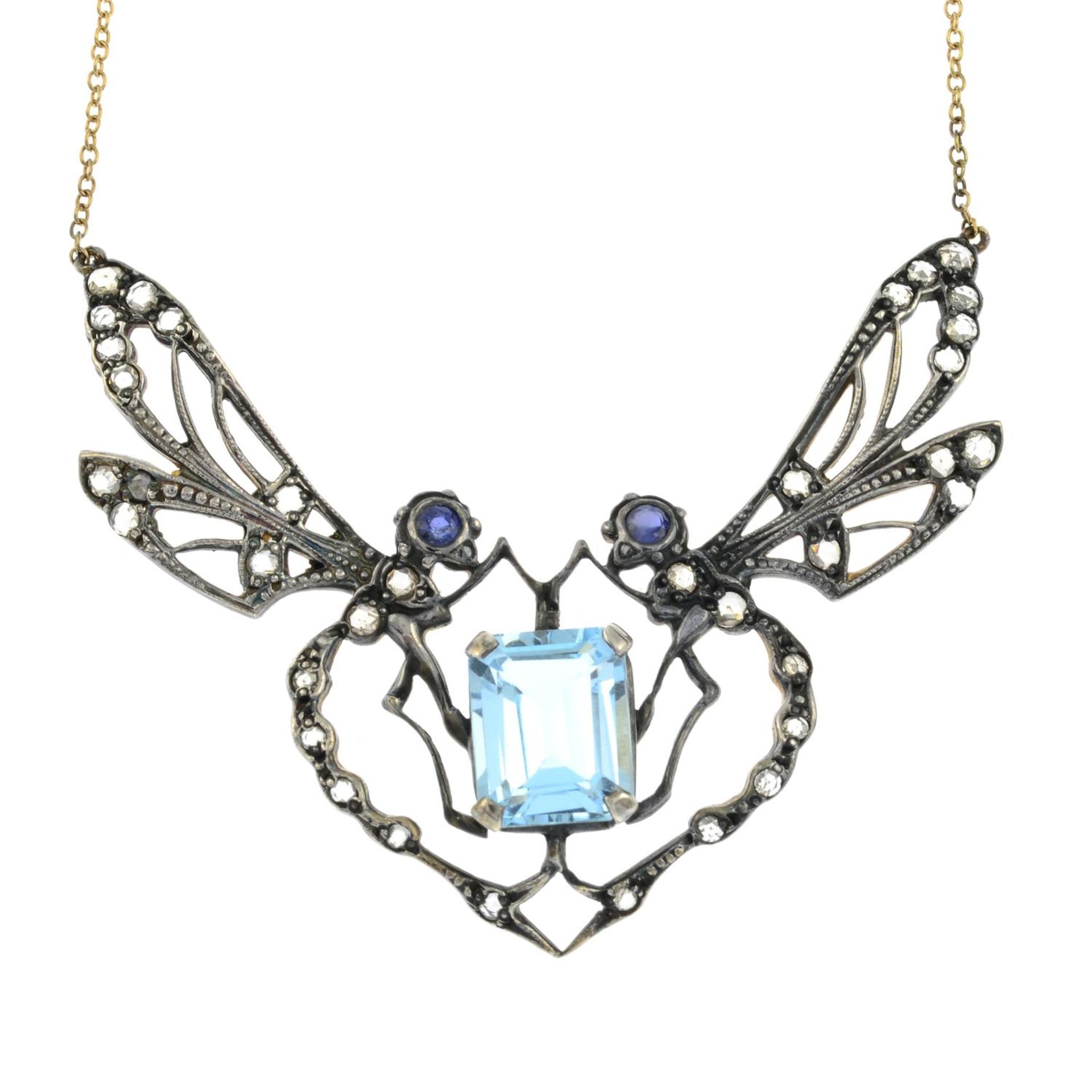 A topaz, rose-cut diamond and sapphire necklace of two dragonflies,