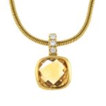 An 18ct gold citrine and diamond pendant with chain.Total diamond weight 0.03cts stamped to