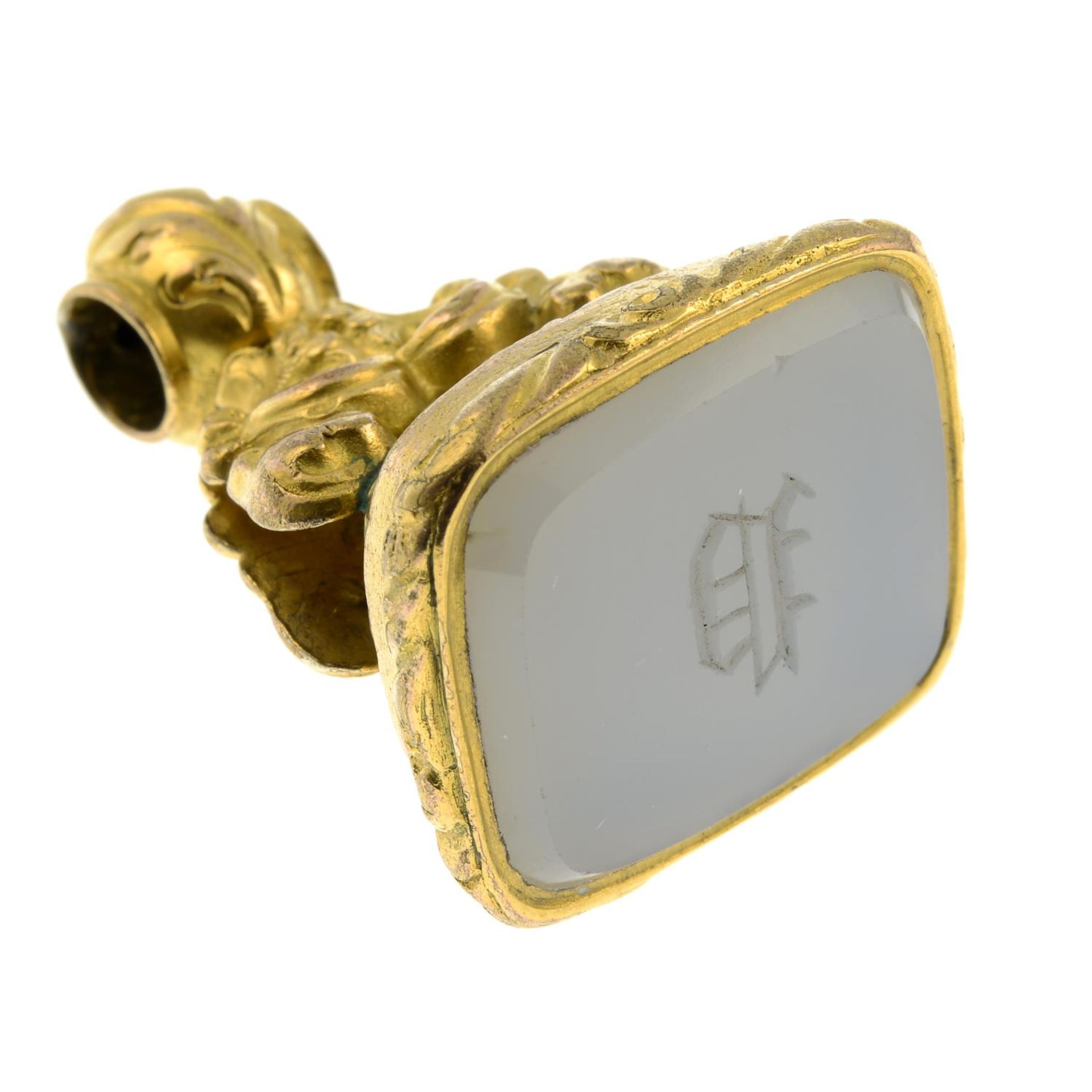 A 19th century chalcedony gilt fob seal.Length 3.8cms. - Image 2 of 3