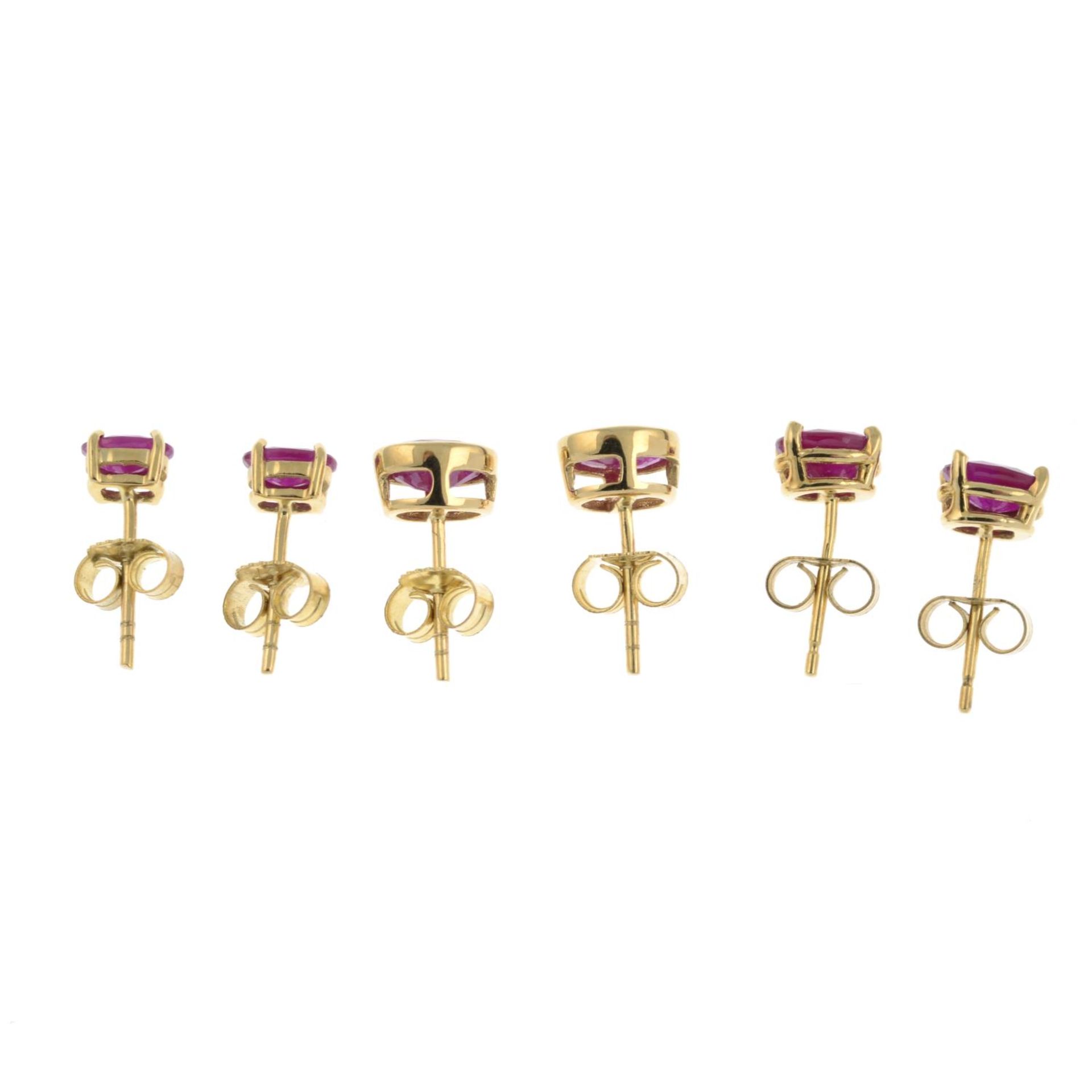 A pair of 9ct gold ruby stud earrings together with two further pairs.One with hallmarks for - Image 2 of 2