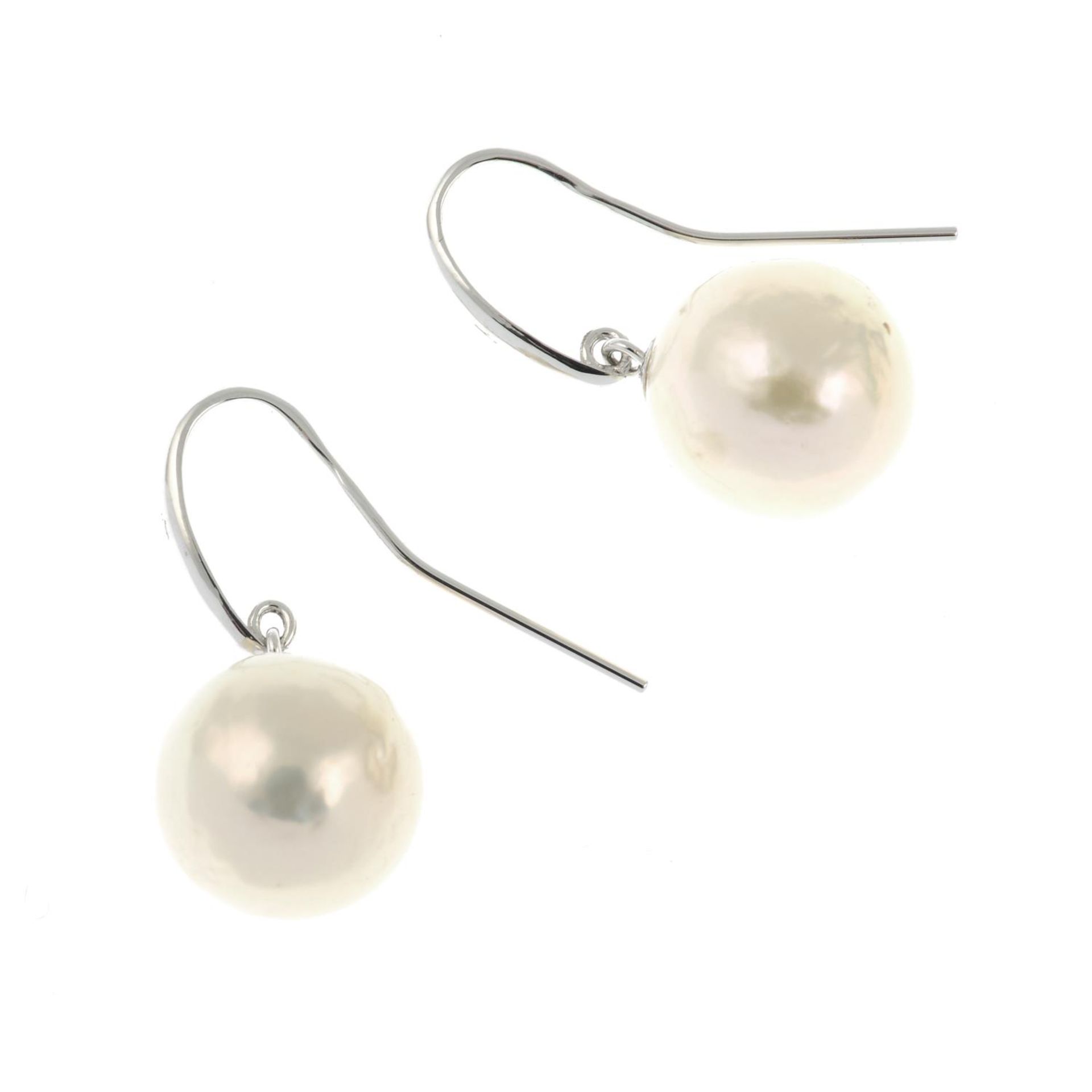 A pair of cultured pearl drop earrings.Stamped 375.Length 2.5cms. - Image 2 of 2