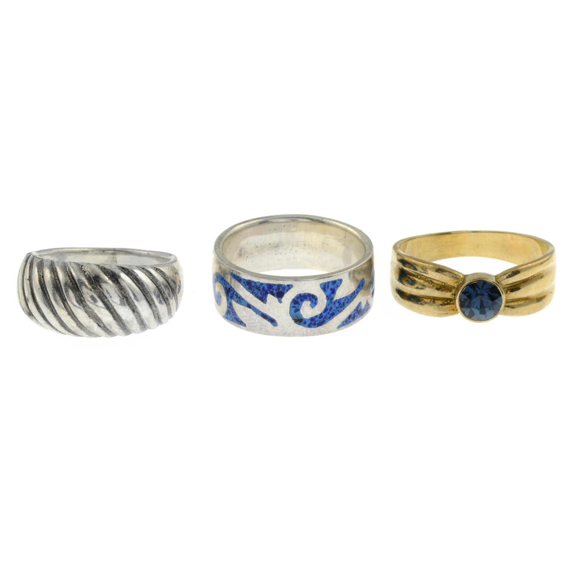 A selection of enamel and gem-set rings.Many with marks to indicate silver.