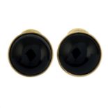 A pair of 9ct gold onyx cabochon earrings.Hallmarks for Sheffield.Lengths 1.6cms.