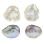 Three pairs of cultured baroque pearl earrings.Two stamped 9ct.Lengths 1.5, 1.6 and 2.8cms.