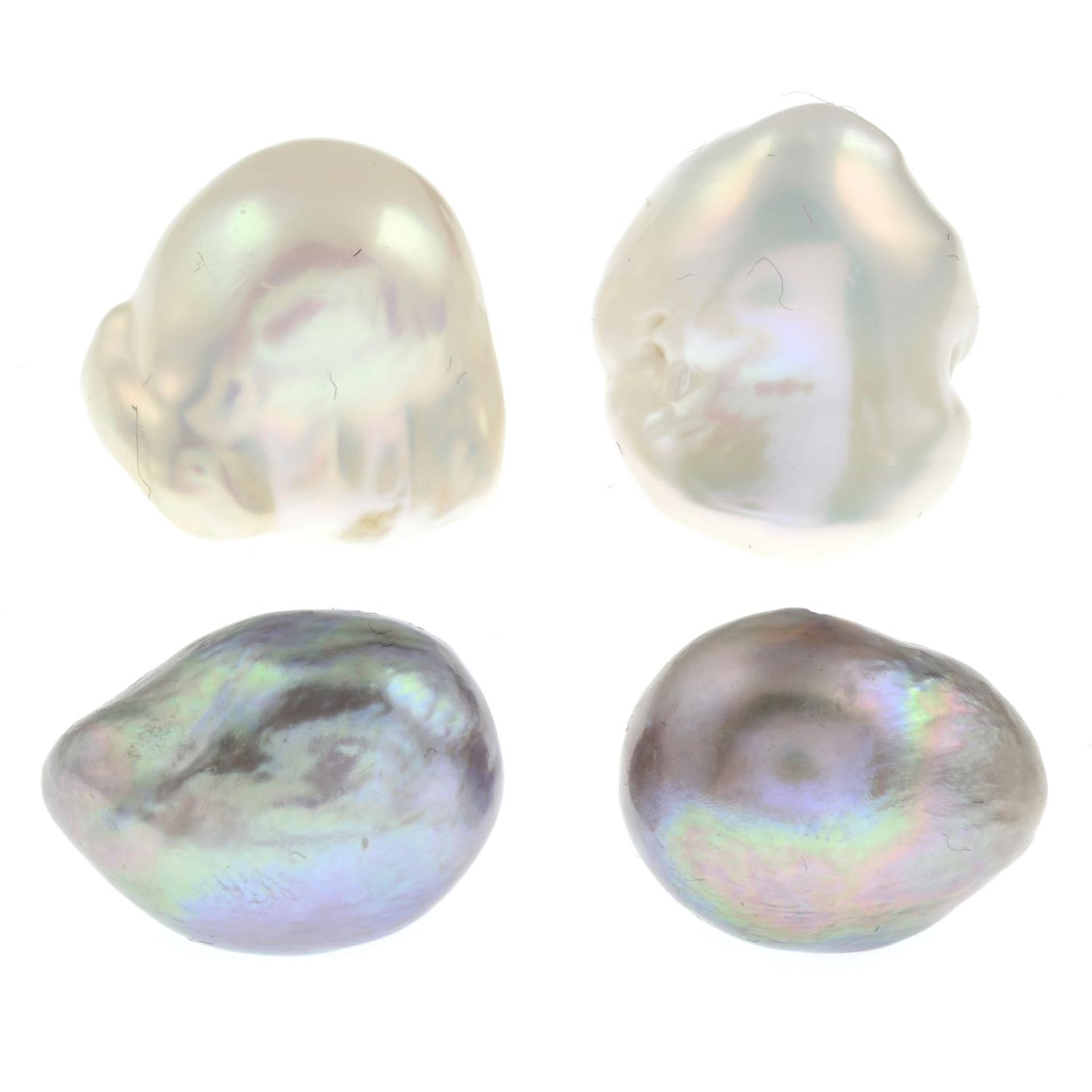 Three pairs of cultured baroque pearl earrings.Two stamped 9ct.Lengths 1.5, 1.6 and 2.8cms.