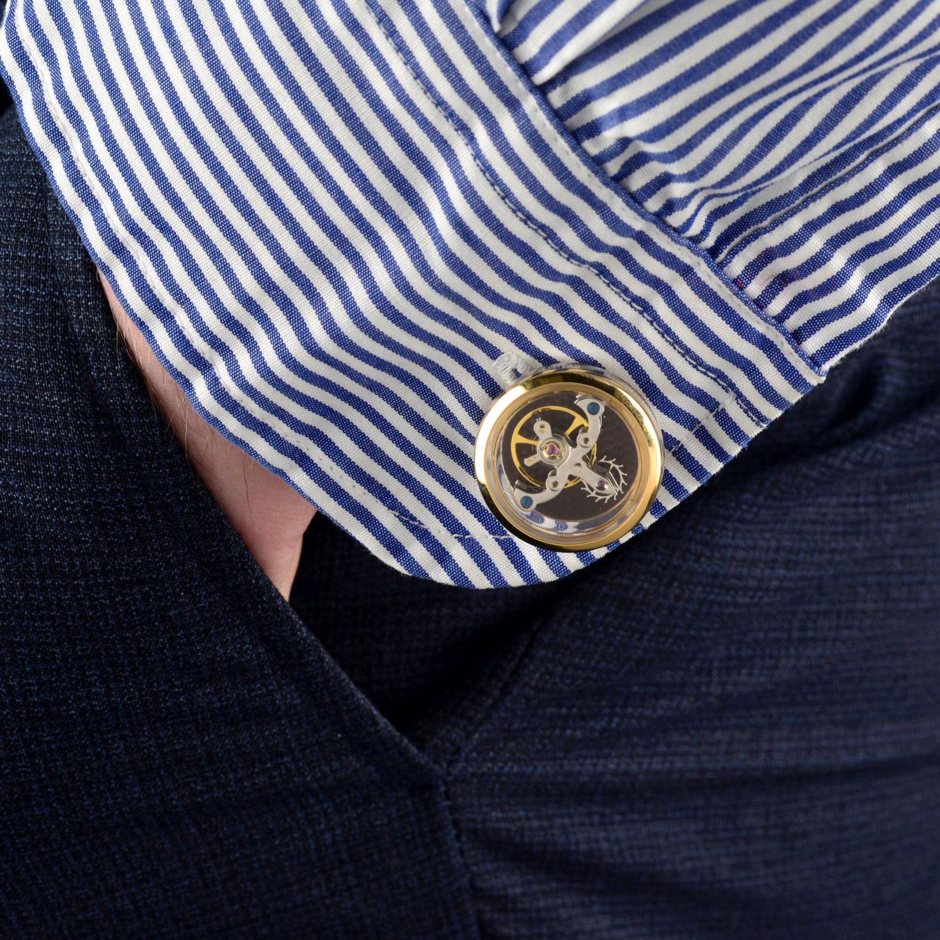 A pair of 18ct yellow gold, sapphire watch movement cufflinks. - Image 3 of 6