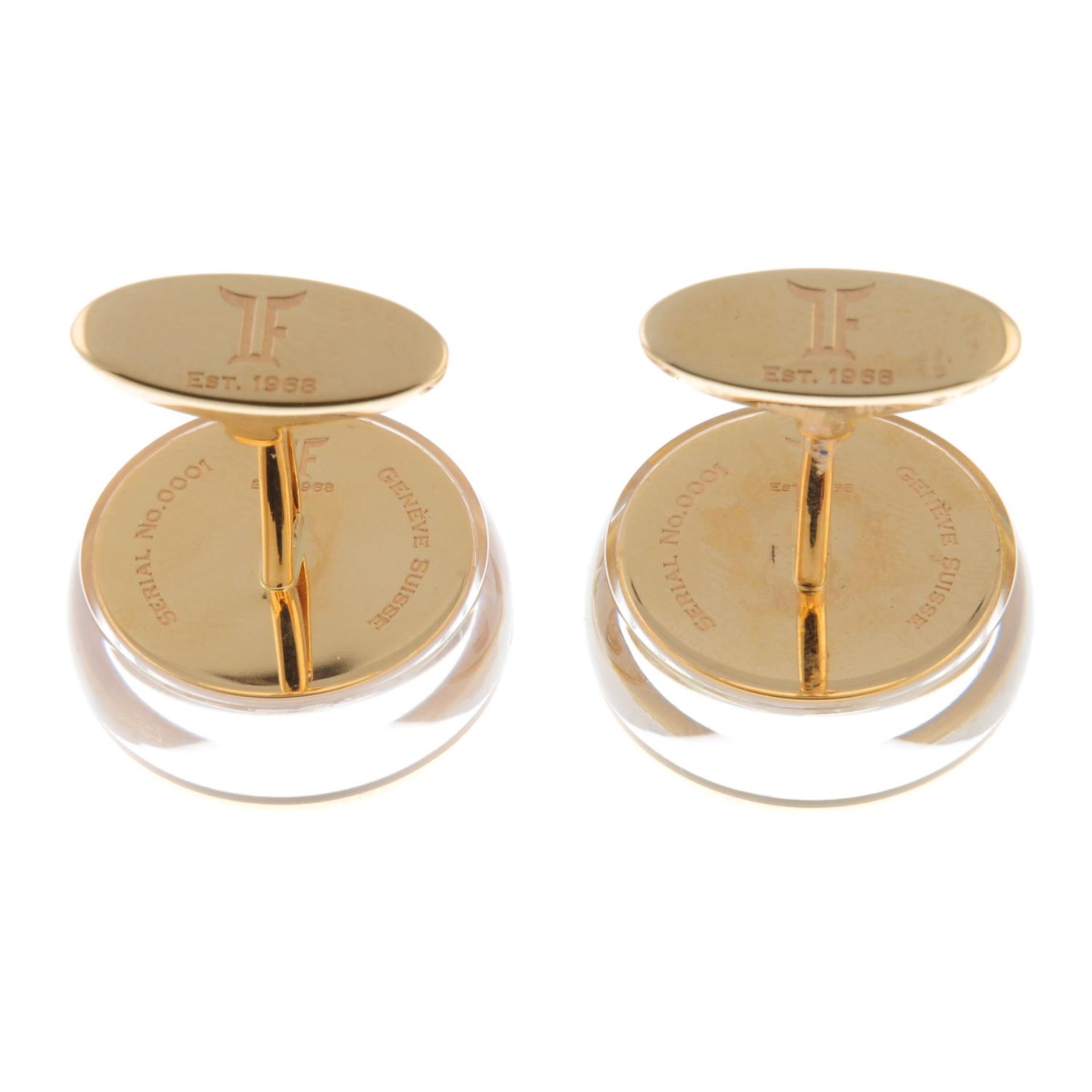 A pair of 18ct yellow gold, sapphire watch movement cufflinks. - Image 6 of 6
