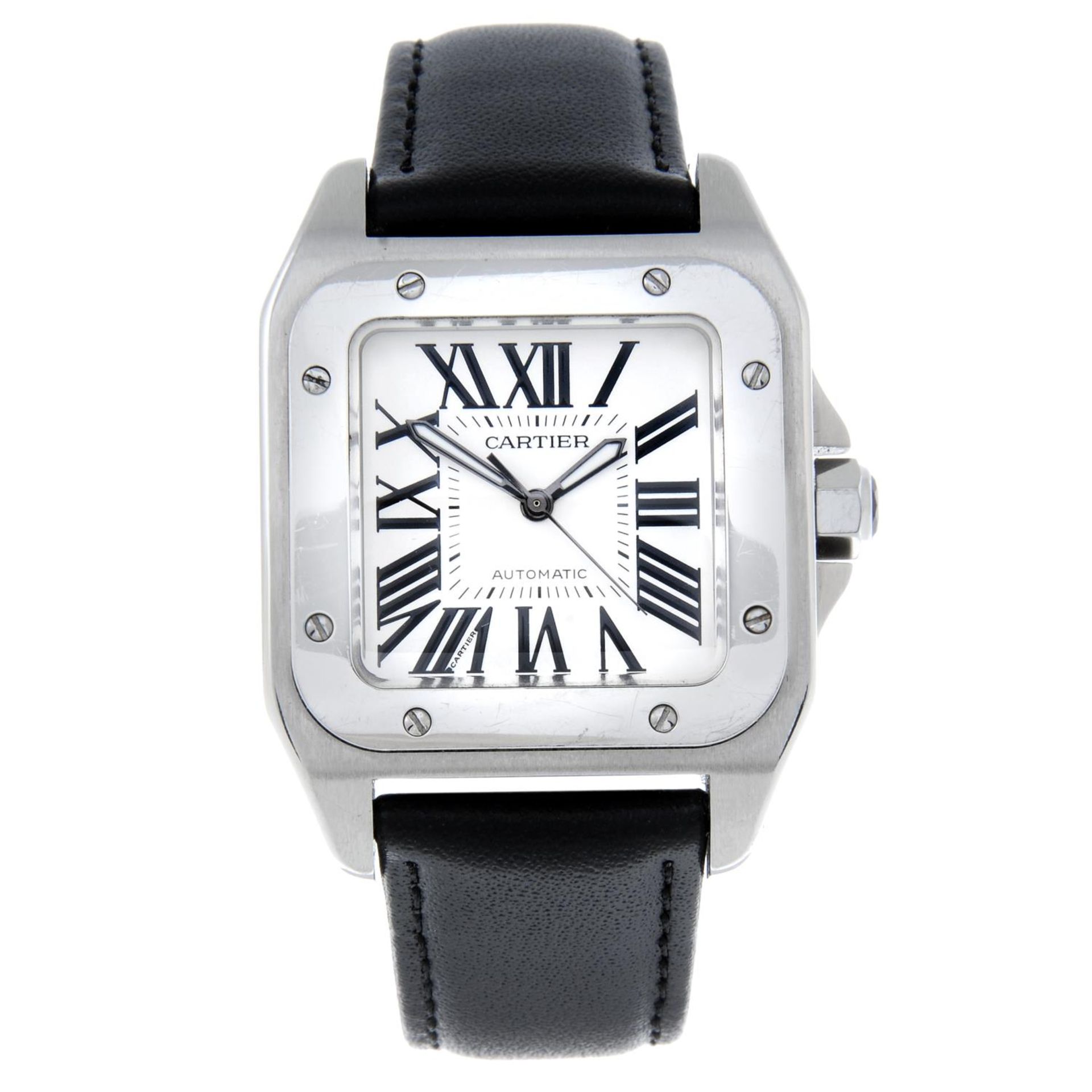 CARTIER - a mid-size Santos 100 wrist watch.