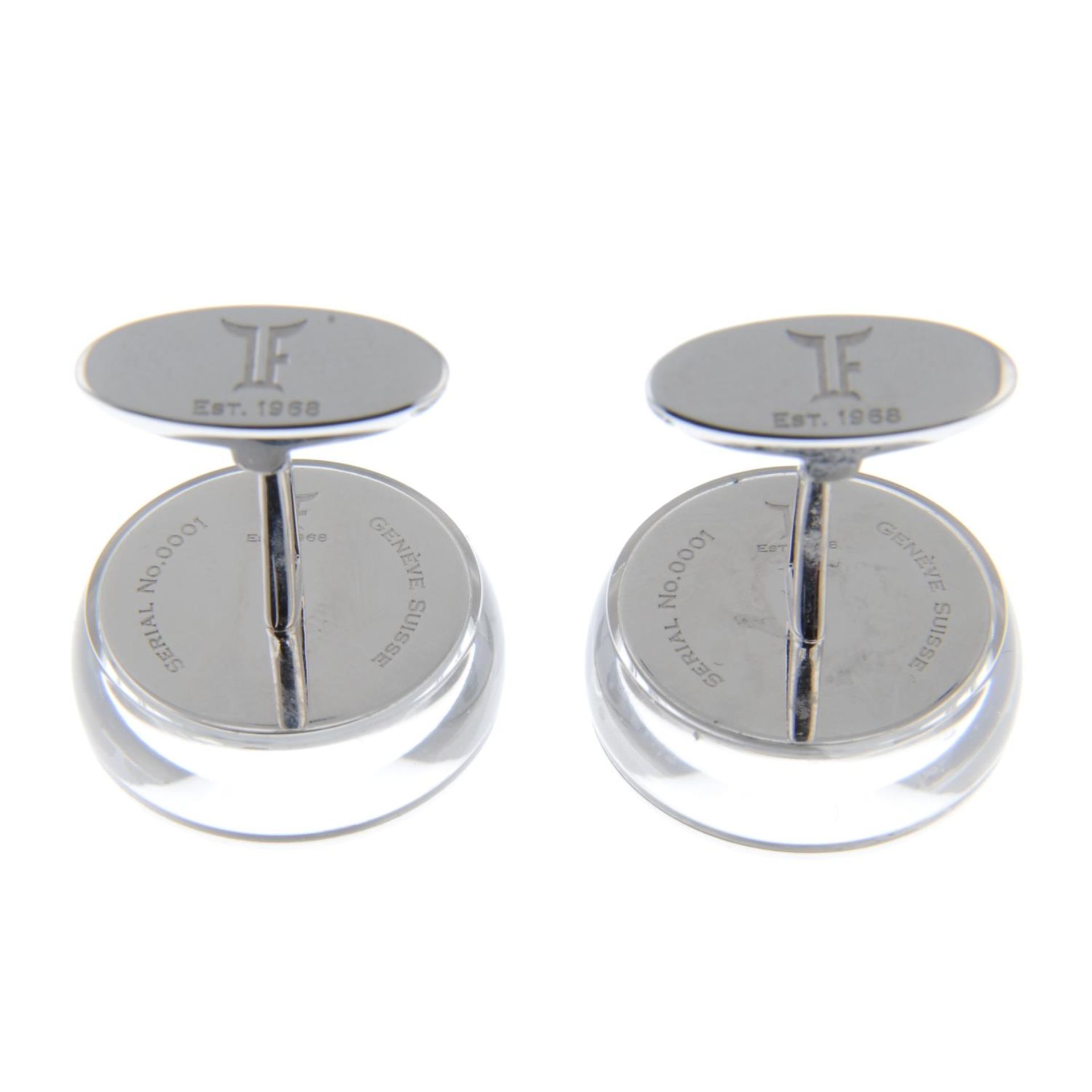 A pair of 18ct white gold, sapphire watch movement cufflinks. - Image 6 of 6
