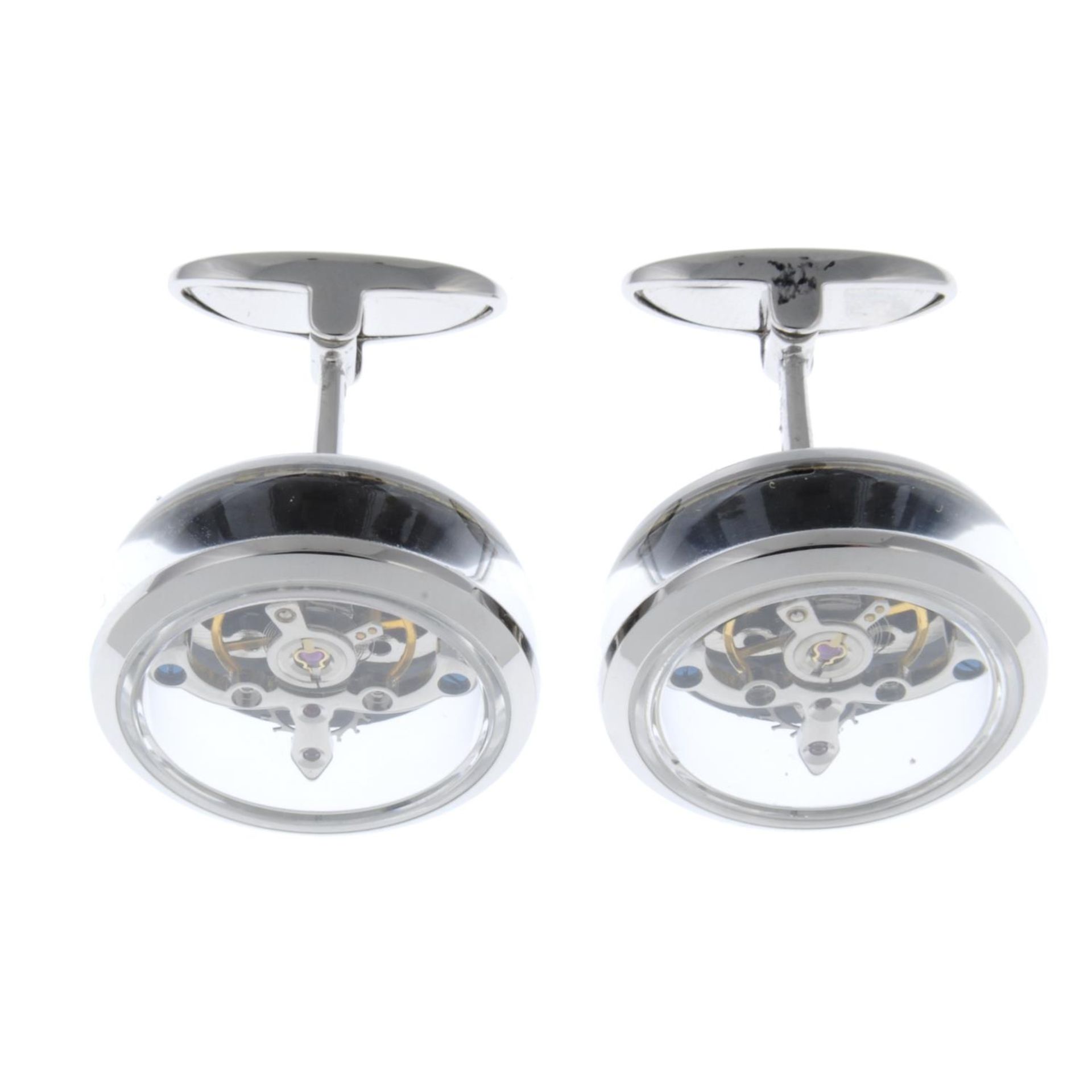 A pair of 18ct white gold, sapphire watch movement cufflinks. - Image 2 of 6