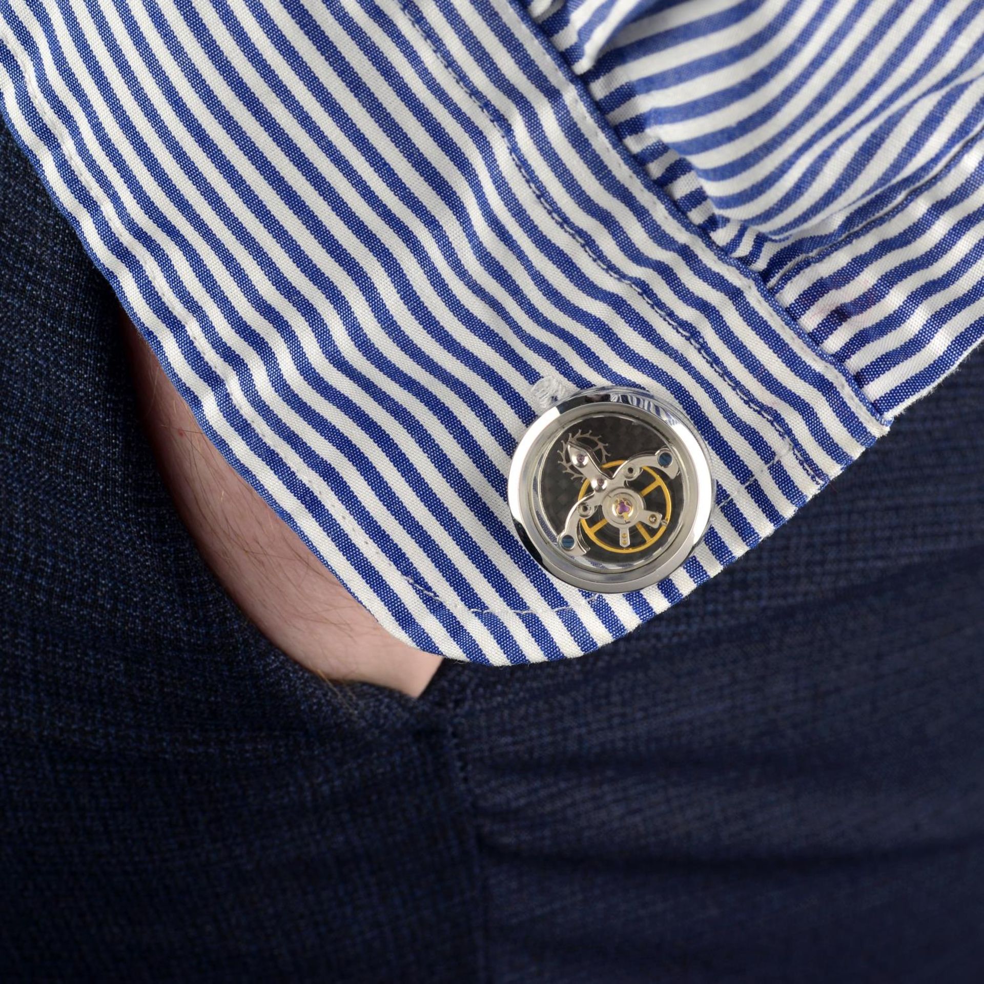 A pair of 18ct white gold, sapphire watch movement cufflinks. - Image 3 of 6