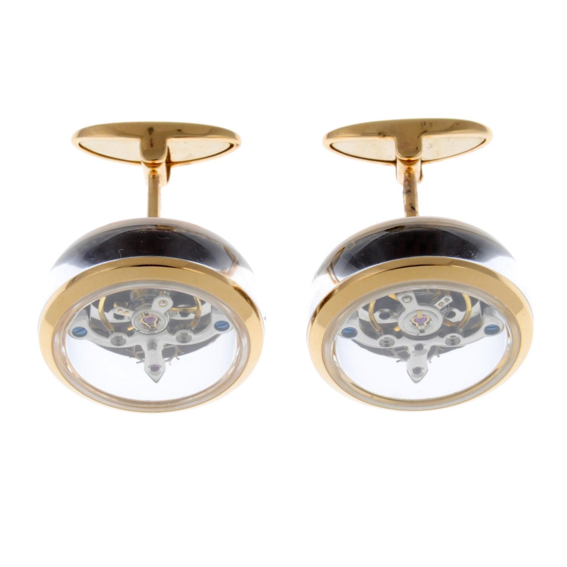 A pair of 18ct yellow gold, sapphire watch movement cufflinks. - Image 2 of 6
