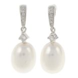 A pair of 18ct gold freshwater cultured pearl and brilliant-cut diamond drop earrings.Approximate